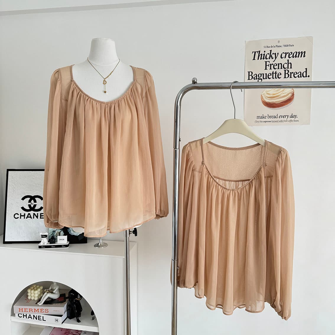 gakee official 프랑스식 벌룬 소매 시폰 셔츠 여성 봄 여름 와이드 밑단 핀치 Pleat 마이크로 ~을 통해 패키지 어깨 셔츠 상세 이미지 2