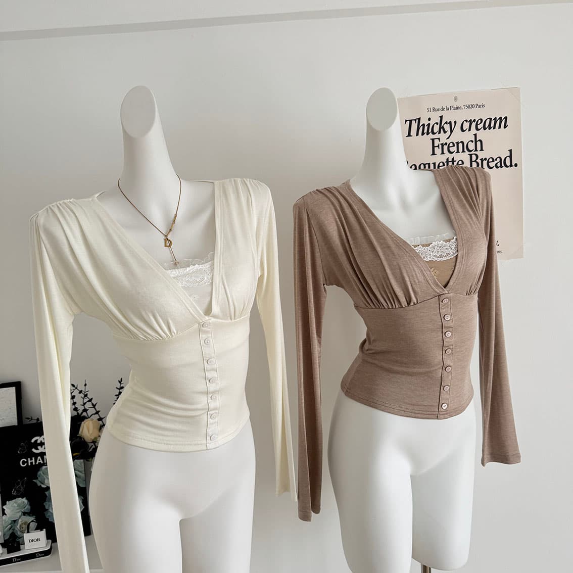 jmshop 하트 비트 메모 가게 순수한 욕망 V넥 허리 수축 슬림해 보이는 니트 스웨터 나만의 것을 가져와 라. 가슴 패드 레이스 슬립 세트 상세 이미지 4