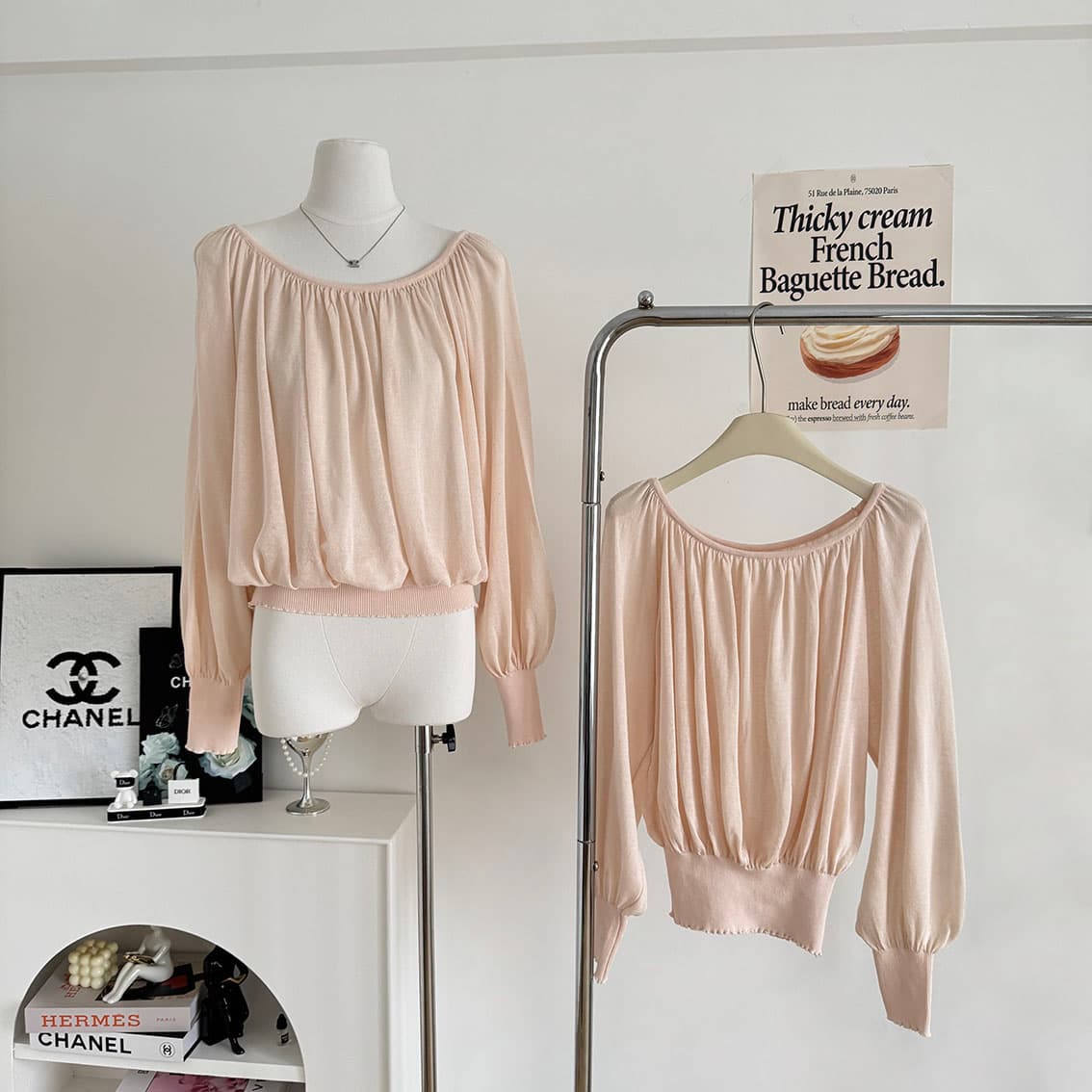 oyff 어디서? 어디서? 와라. 싱글 아마 차가운 셔츠 대 네클라인 펌프 Pleat 긴팔 비스듬한 어깨 니트 맨위 몸매 가꾸기 작은 셔츠 상세 이미지 2