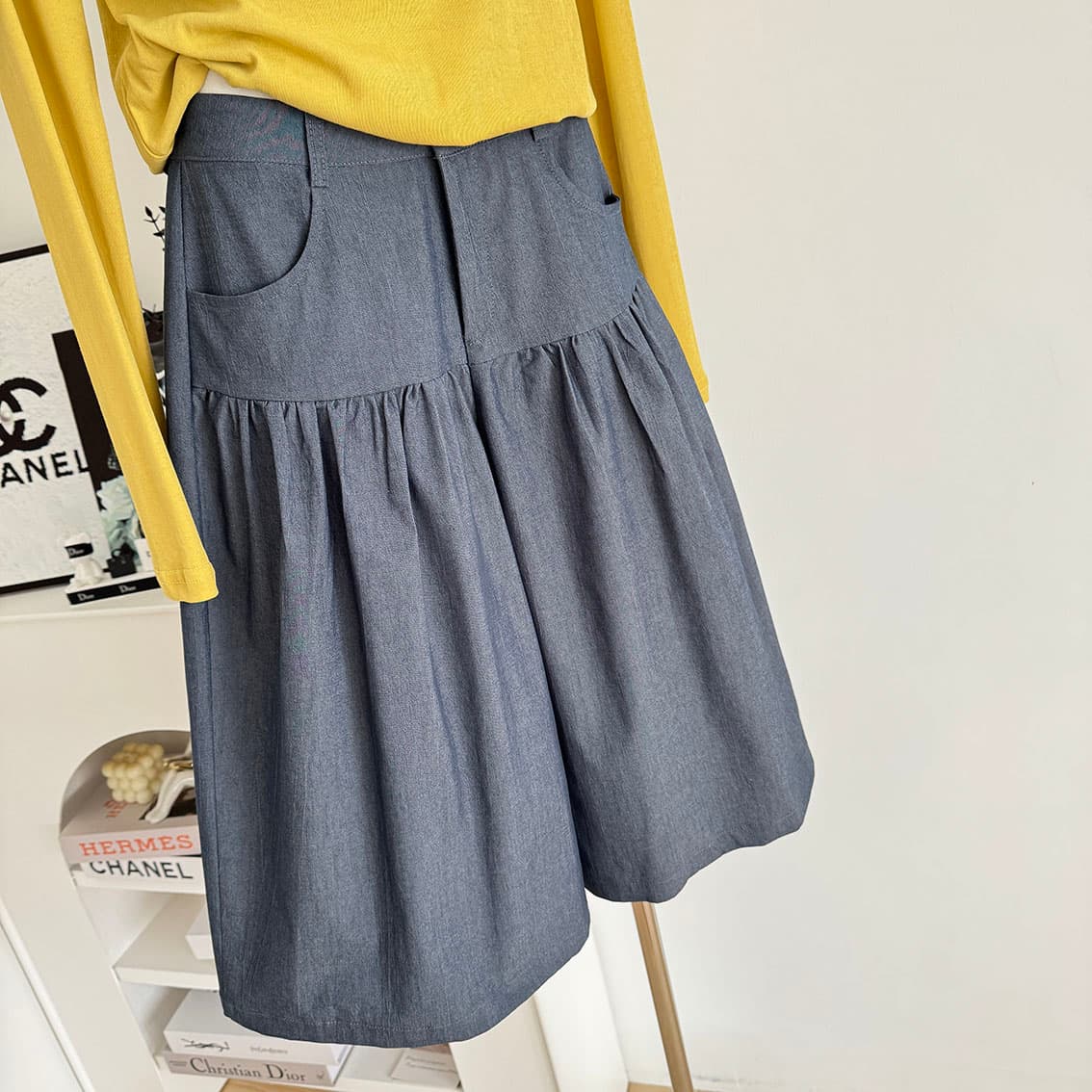 mowenti 원웬 팅 일본식 느긋한 바람 중간 허리 주름 넓은 다리 치마바지 슬림해 보이는 통기성 7 점 꽃밭 바지 상세 이미지 10