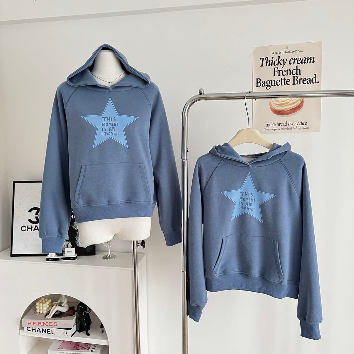 yookson vintage star 높음 그램 다시 하다 오래된 오각형 별 루즈핏 풀오버 후드 티 스웨터 여성 상세 이미지 2