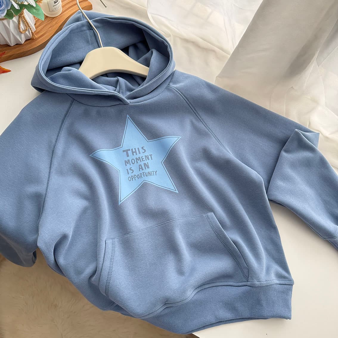 yookson vintage star 높음 그램 다시 하다 오래된 오각형 별 루즈핏 풀오버 후드 티 스웨터 여성 상세 이미지 9