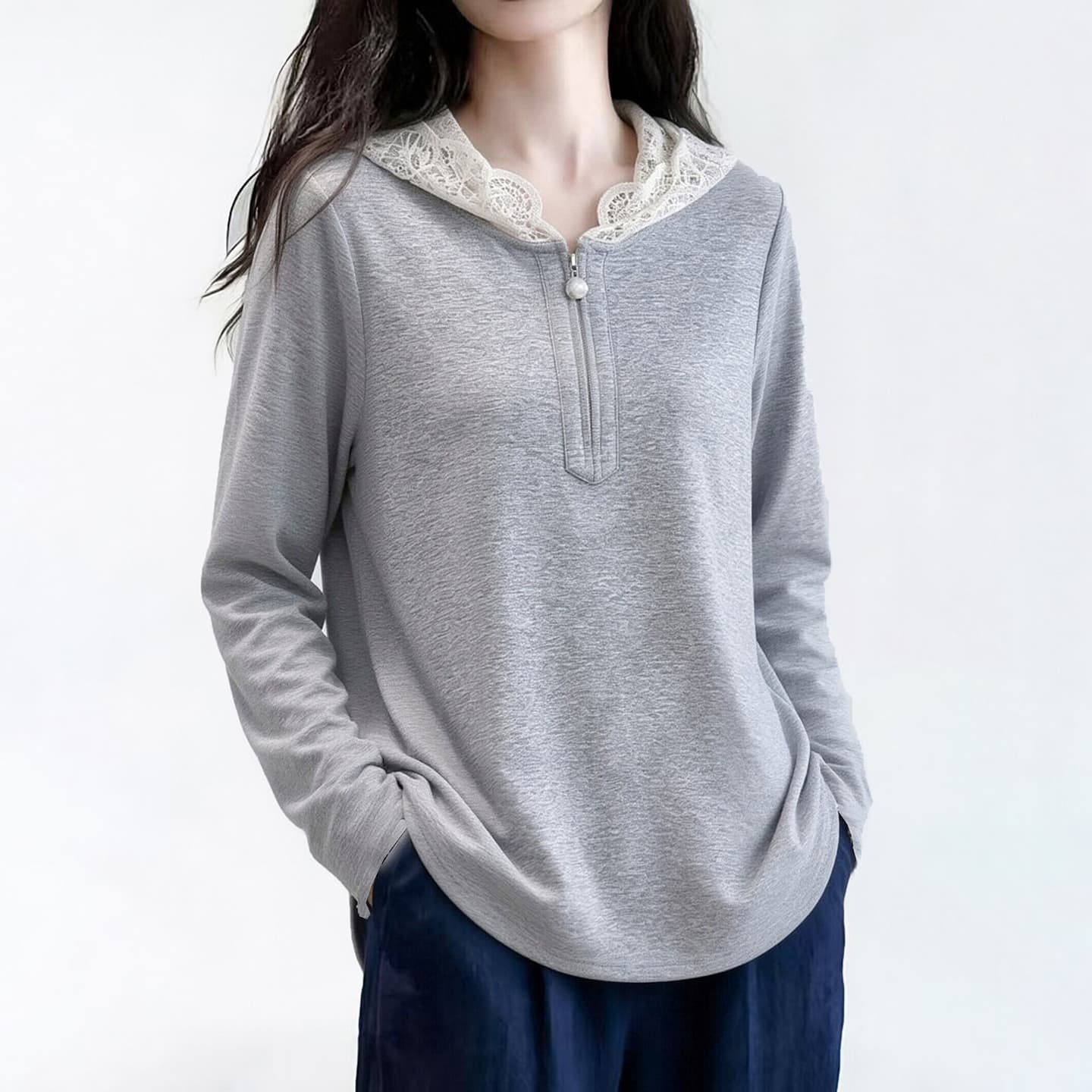 실사 빅 사이즈 여성 의류 2026 가을 새로운 레이스 조각 후드 긴팔 티셔츠 지방 m 표지 고기 슬림해 보이는 후드티 여성 이미지 4