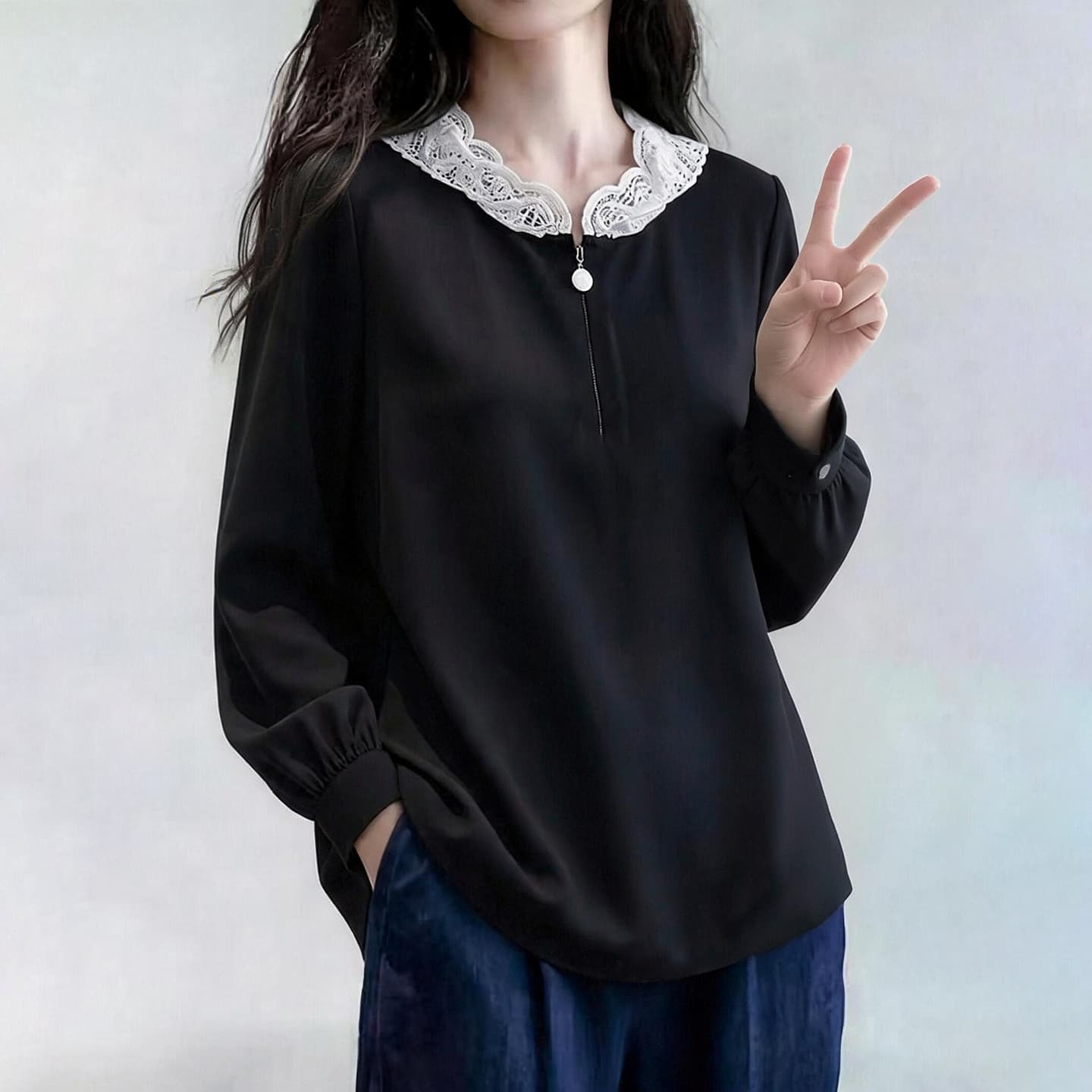 실사 빅 사이즈 여성 의류 2026 가을 새로운 레이스 조각 후드 긴팔 티셔츠 지방 m 표지 고기 슬림해 보이는 후드티 여성 이미지 5