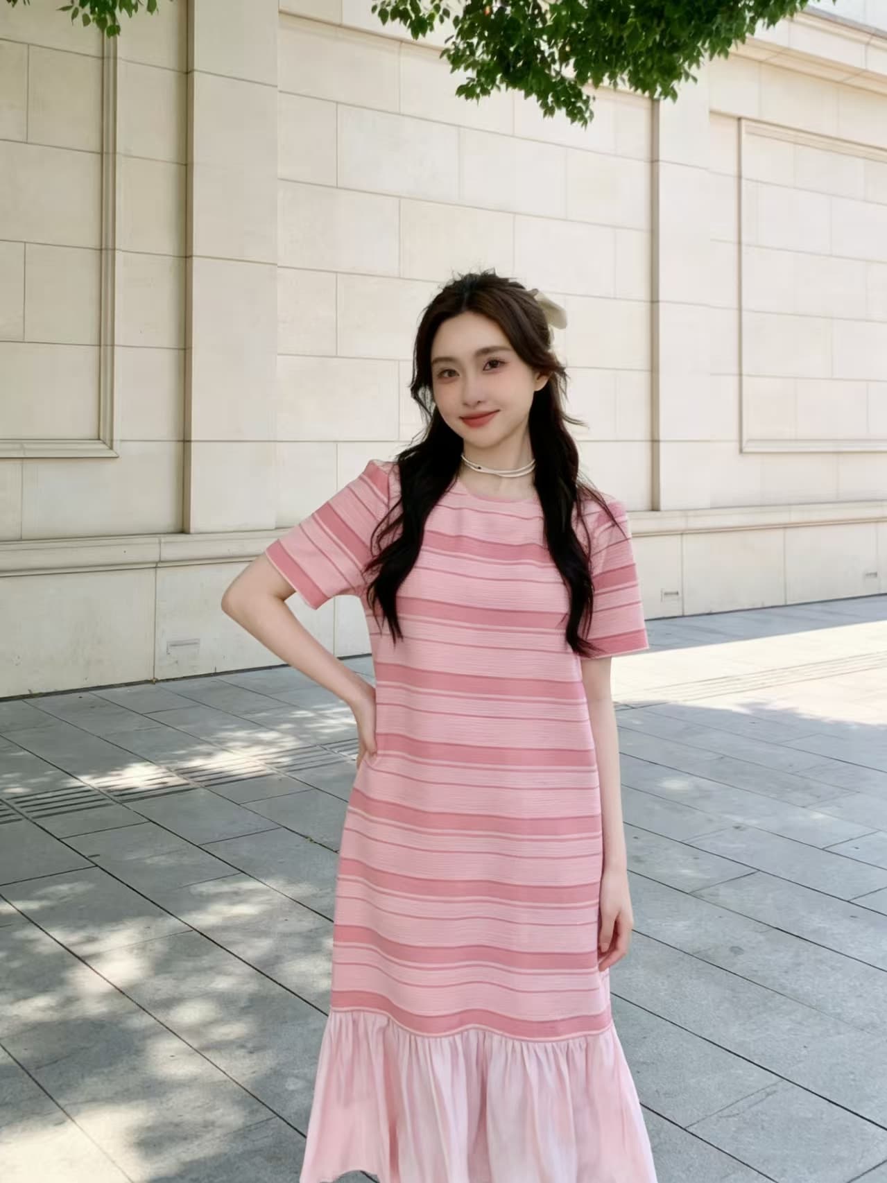 달콤함 연령 감소 쉬폰 롱 스커트 캐주얼 스트라이프 패치워크 여름 루즈핏 슬림해 보이는 핑크색 빅 사이즈 드레스 이미지 4