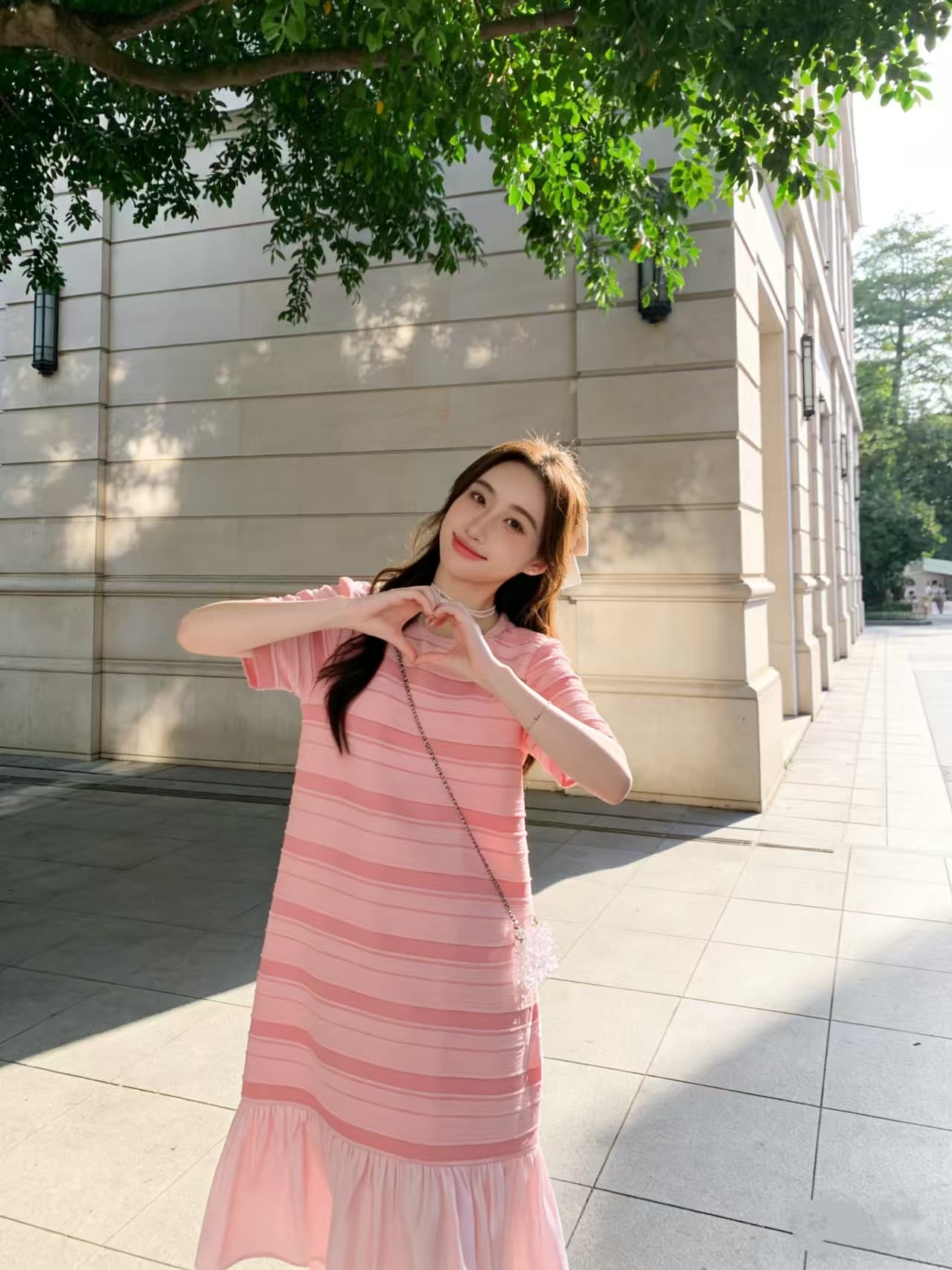 달콤함 연령 감소 쉬폰 롱 스커트 캐주얼 스트라이프 패치워크 여름 루즈핏 슬림해 보이는 핑크색 빅 사이즈 드레스 상세 이미지 9
