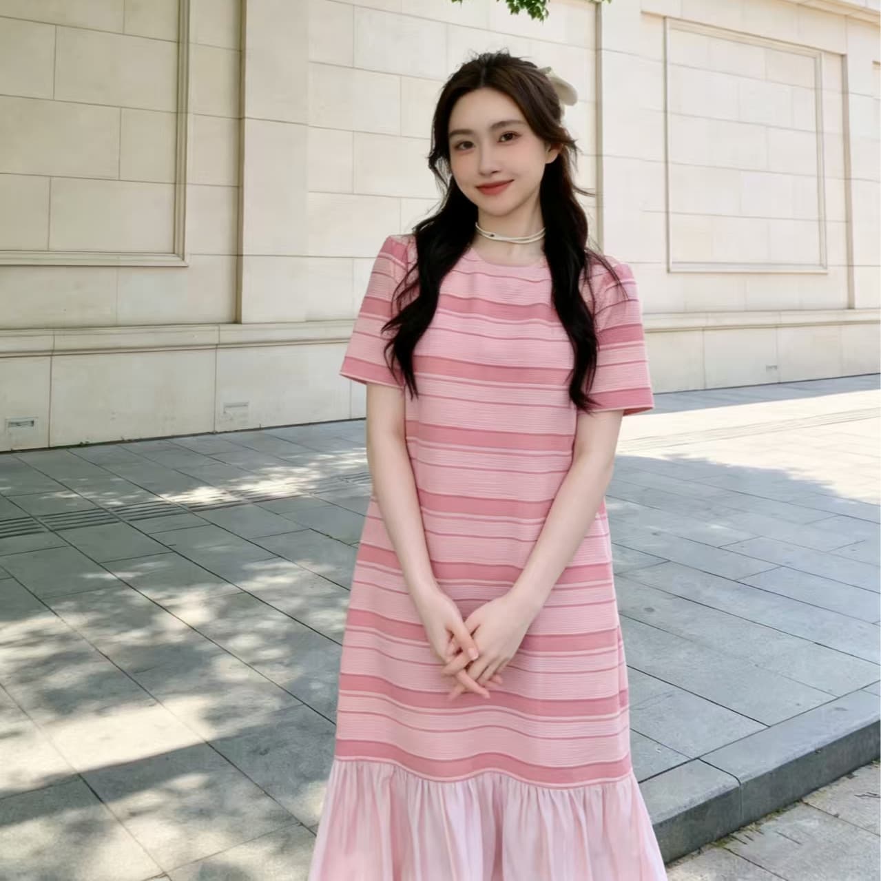 달콤함 연령 감소 쉬폰 롱 스커트 캐주얼 스트라이프 패치워크 여름 루즈핏 슬림해 보이는 핑크색 빅 사이즈 드레스 이미지 5