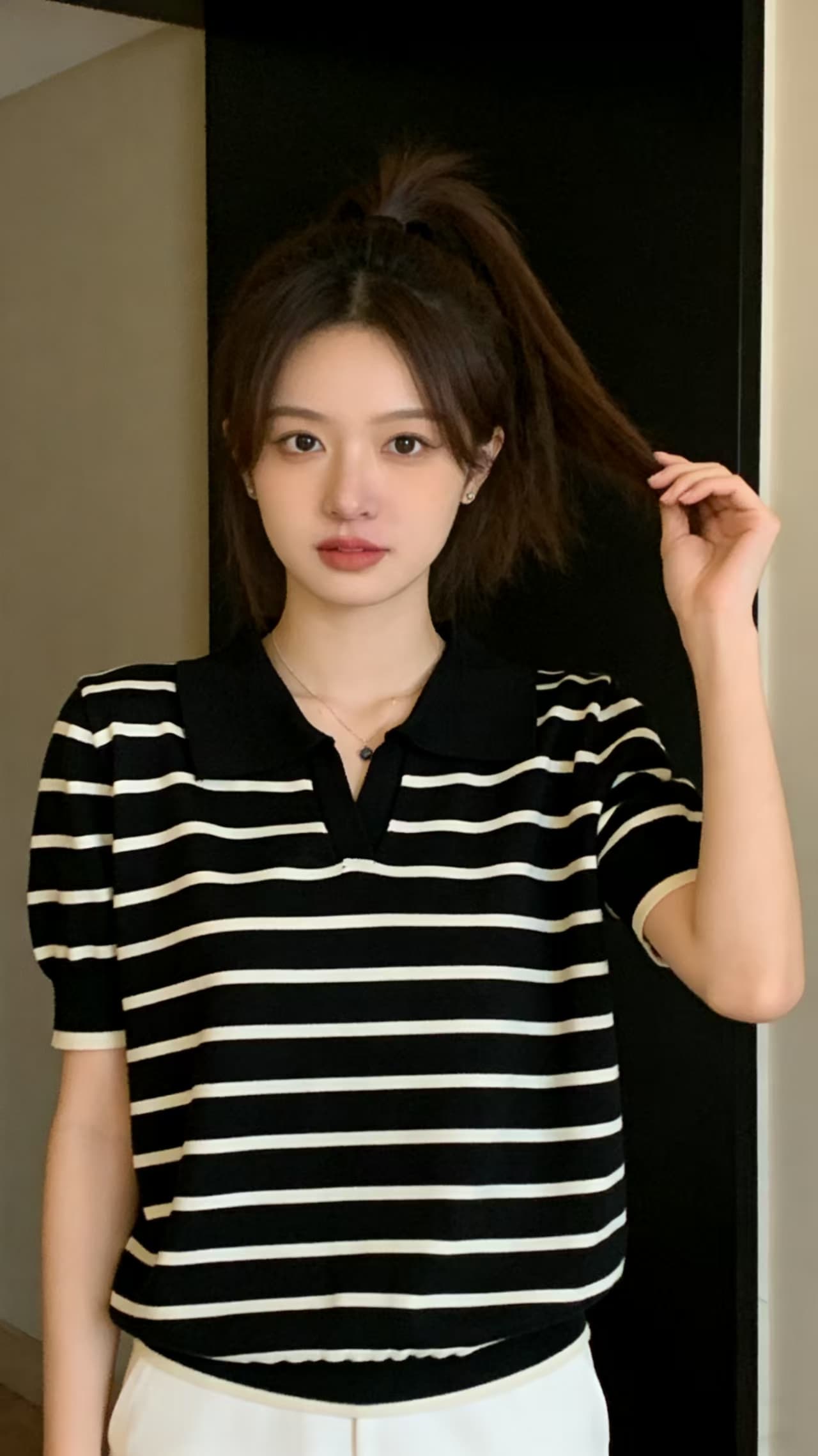 한국 스타일 캐주얼 외국 가스 세련된 연령 감소 POLO 칼라 반팔 니트 스웨터 여름 루즈핏 슬림해 보이는 스트라이프 맨위 이미지 2
