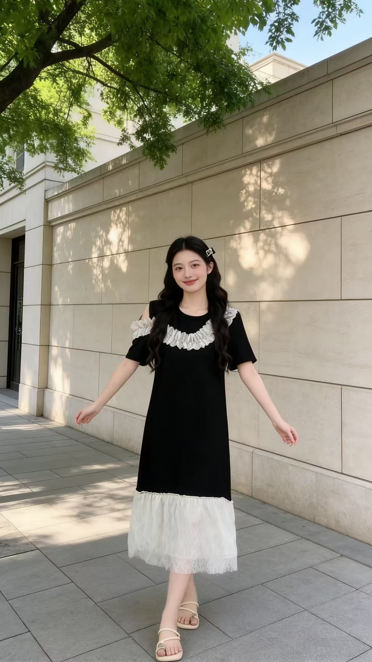 2026 프랑스식 오프숄더 프릴 칼라 레이스 조각 빅 사이즈 드레스 작은 대중 인기 슬림해 보이는 검정색 롱 스커트 상세 이미지 1