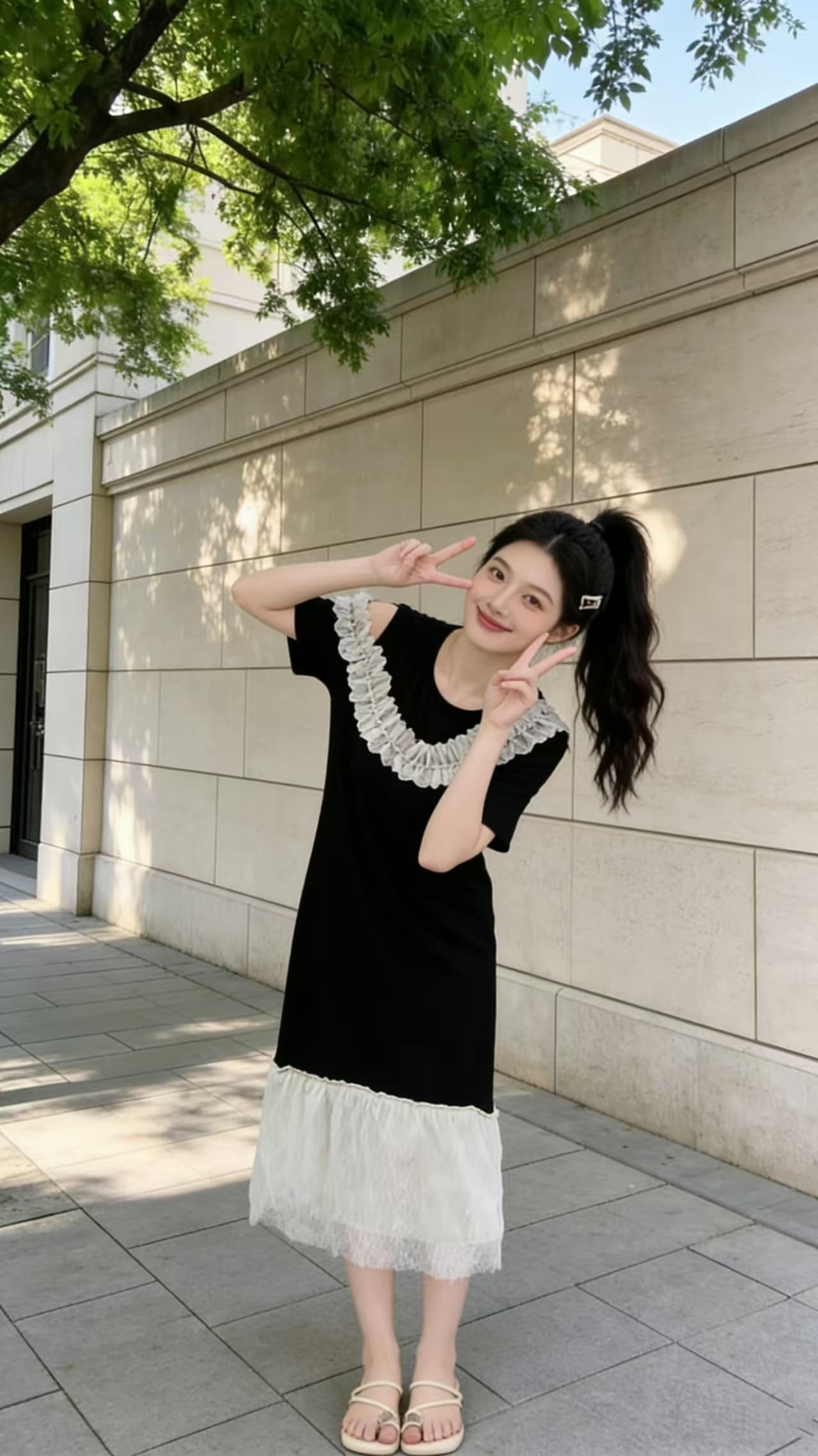 2026 프랑스식 오프숄더 프릴 칼라 레이스 조각 빅 사이즈 드레스 작은 대중 인기 슬림해 보이는 검정색 롱 스커트 상세 이미지 2