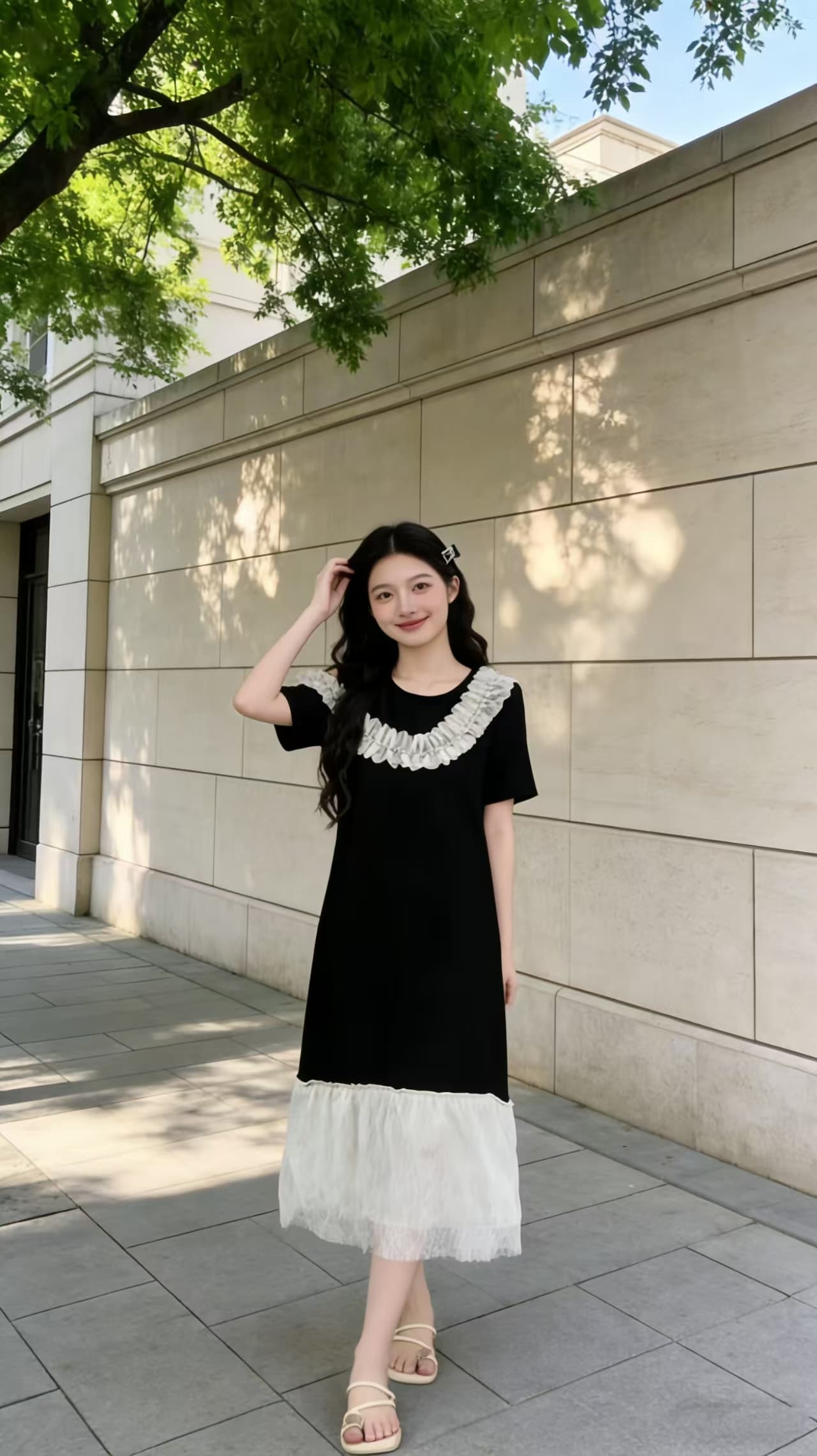 2026 프랑스식 오프숄더 프릴 칼라 레이스 조각 빅 사이즈 드레스 작은 대중 인기 슬림해 보이는 검정색 롱 스커트 상세 이미지 3