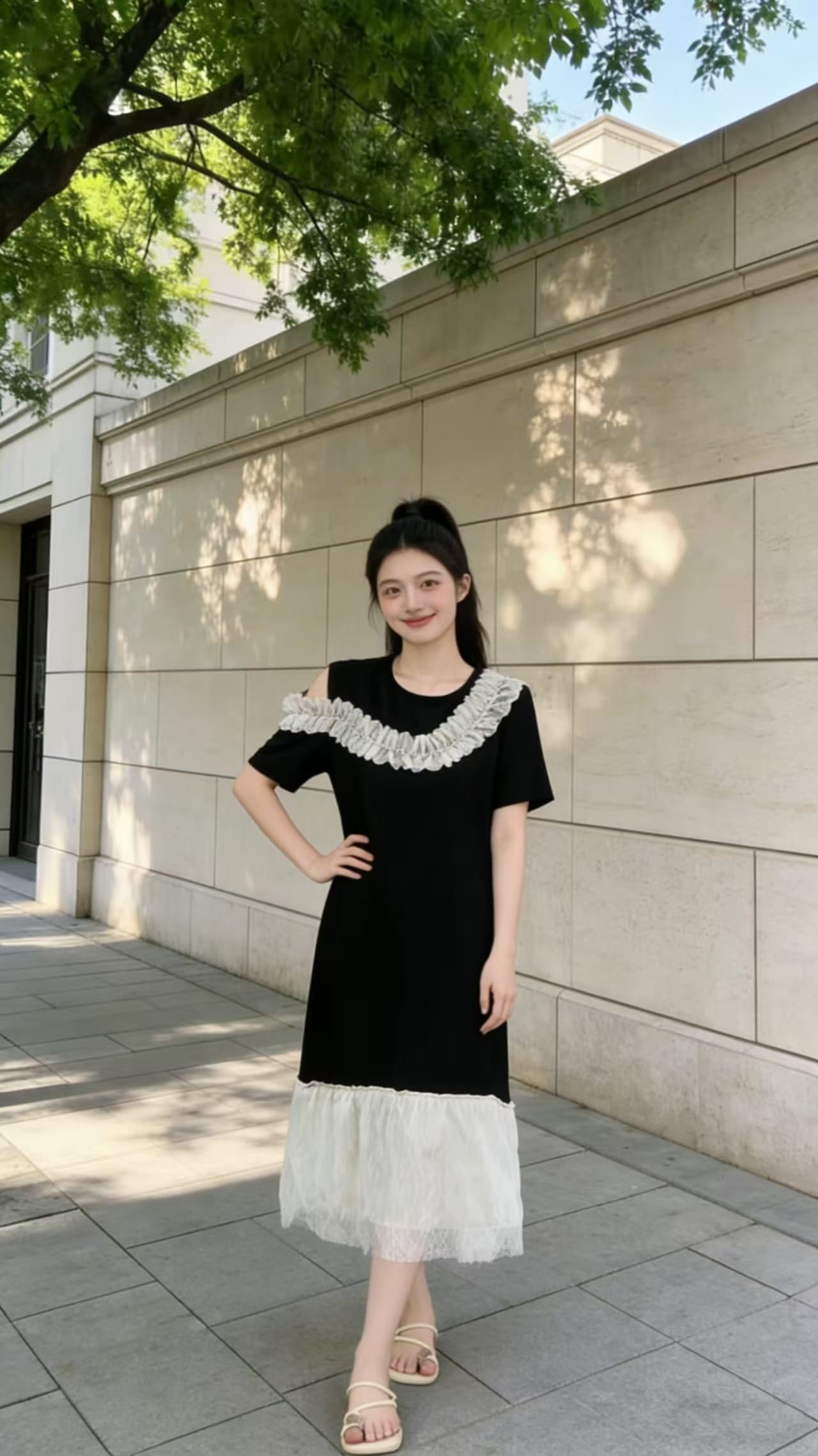 2026 프랑스식 오프숄더 프릴 칼라 레이스 조각 빅 사이즈 드레스 작은 대중 인기 슬림해 보이는 검정색 롱 스커트 상세 이미지 4