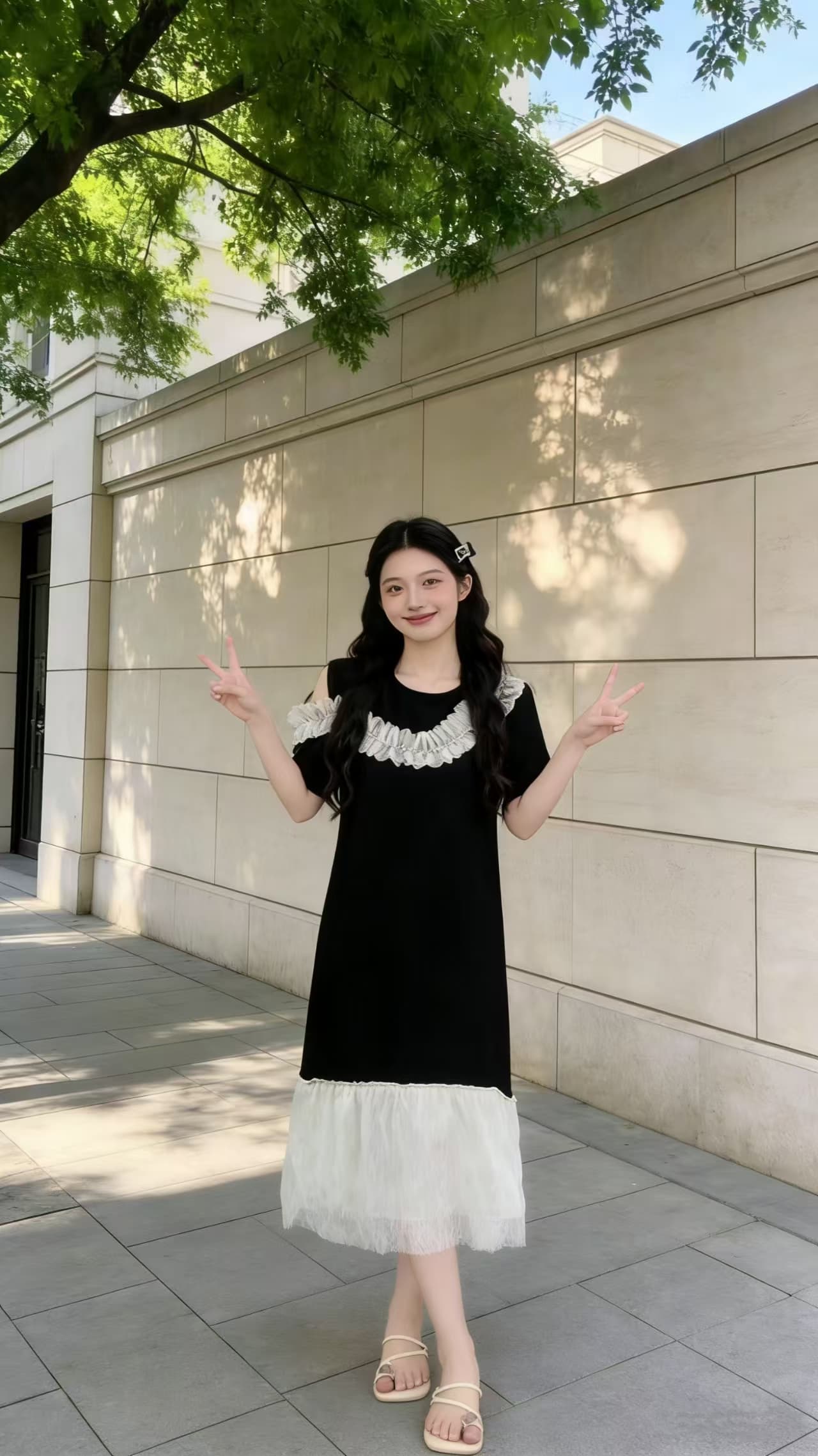 2026 프랑스식 오프숄더 프릴 칼라 레이스 조각 빅 사이즈 드레스 작은 대중 인기 슬림해 보이는 검정색 롱 스커트 상세 이미지 8