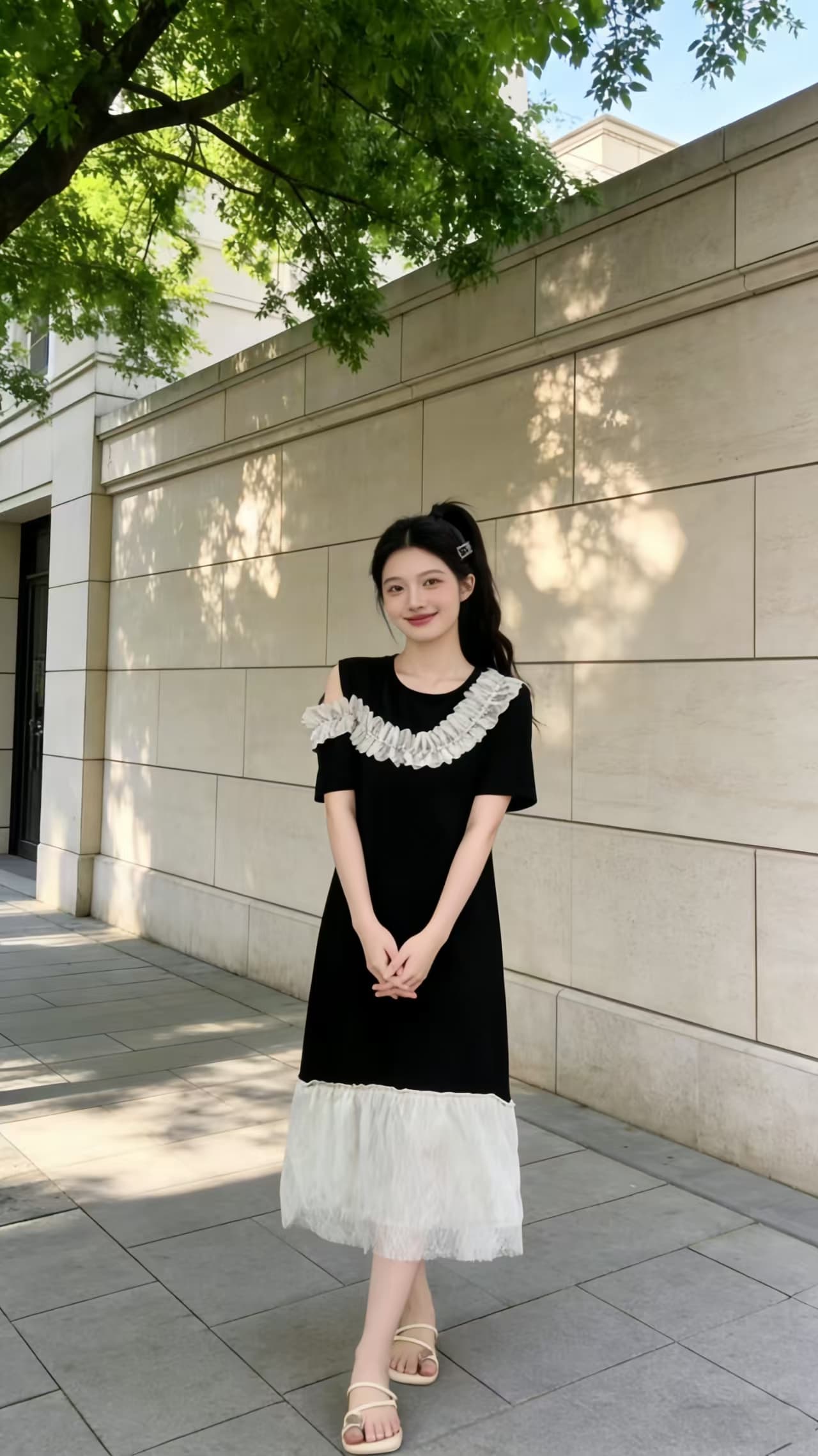 2026 프랑스식 오프숄더 프릴 칼라 레이스 조각 빅 사이즈 드레스 작은 대중 인기 슬림해 보이는 검정색 롱 스커트 상세 이미지 10