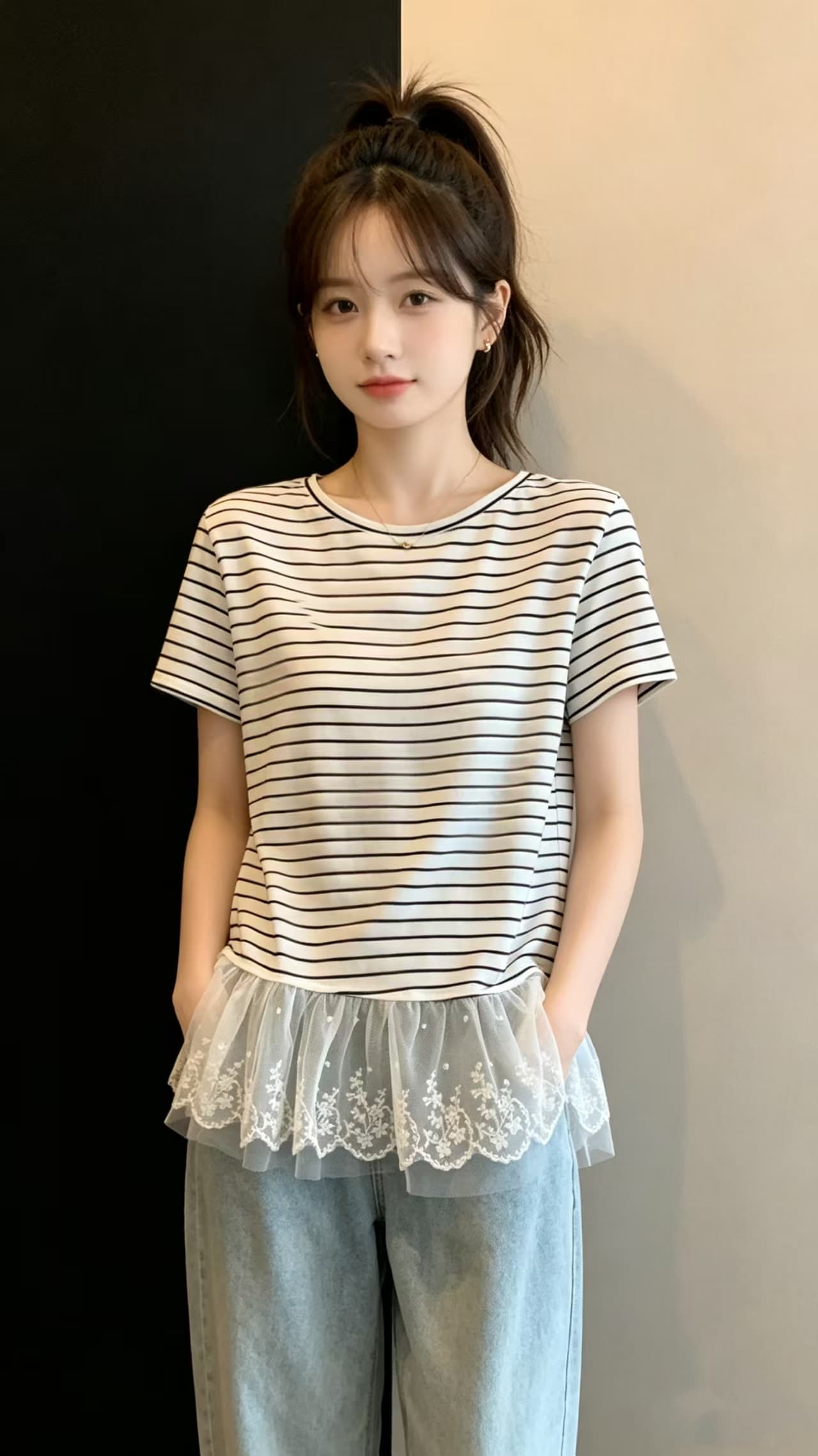 달콤함 레이스 레이스 밑단 스트라이프 긍정적 인 어깨 반팔 티셔츠 2026 여름 새로운 빅 사이즈 지방 mm 연령 감소 맨위 상세 이미지 4