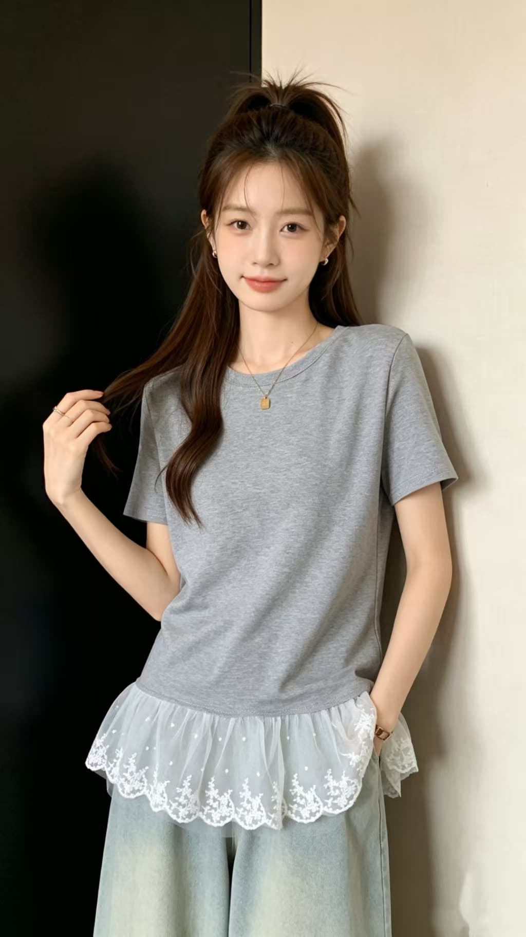 달콤함 레이스 레이스 밑단 스트라이프 긍정적 인 어깨 반팔 티셔츠 2026 여름 새로운 빅 사이즈 지방 mm 연령 감소 맨위 상세 이미지 14