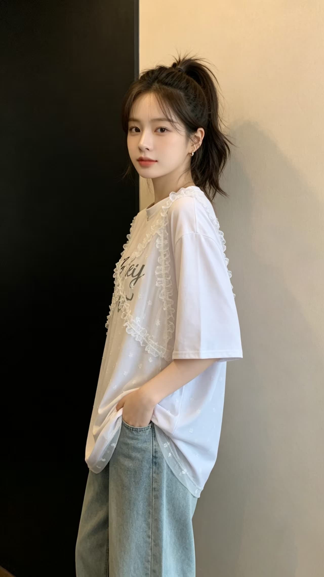 레이스 조각 알파벳 프린트 페이크 레이어드 티셔츠 여름 새로운 루즈핏 캐주얼 다용도 연령 감소 빅 사이즈 맨위 상세 이미지 3