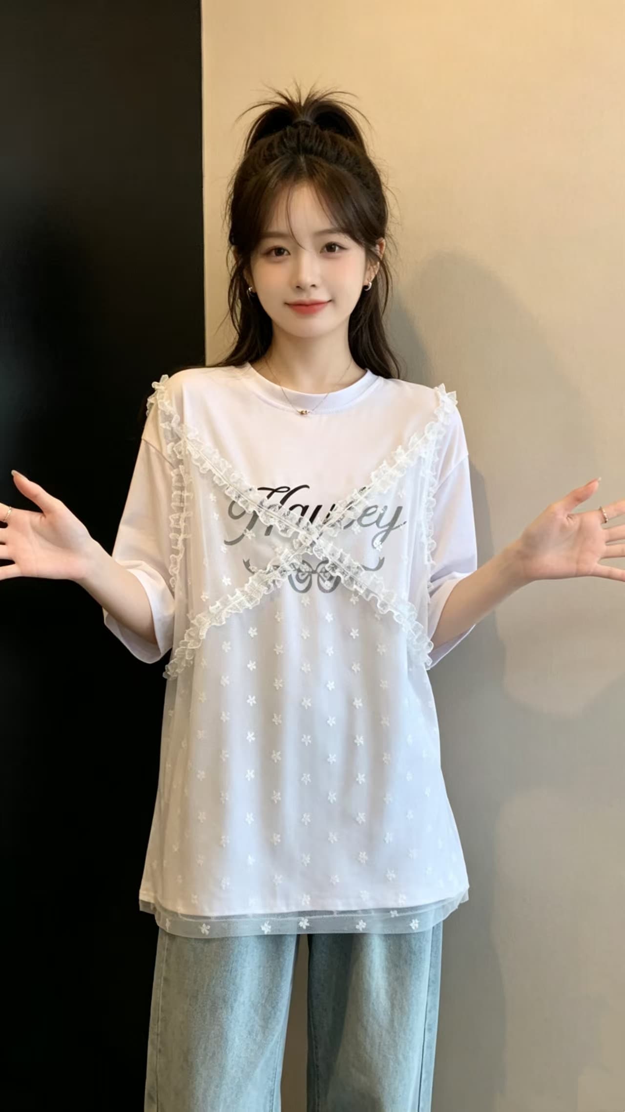 레이스 조각 알파벳 프린트 페이크 레이어드 티셔츠 여름 새로운 루즈핏 캐주얼 다용도 연령 감소 빅 사이즈 맨위 상세 이미지 15