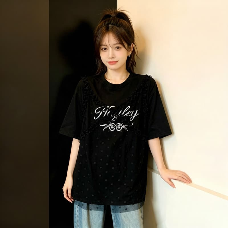 레이스 조각 알파벳 프린트 페이크 레이어드 티셔츠 여름 새로운 루즈핏 캐주얼 다용도 연령 감소 빅 사이즈 맨위 이미지 2