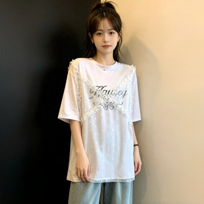 레이스 조각 알파벳 프린트 페이크 레이어드 티셔츠 여름 새로운 루즈핏 캐주얼 다용도 연령 감소 빅 사이즈 맨위 이미지 3