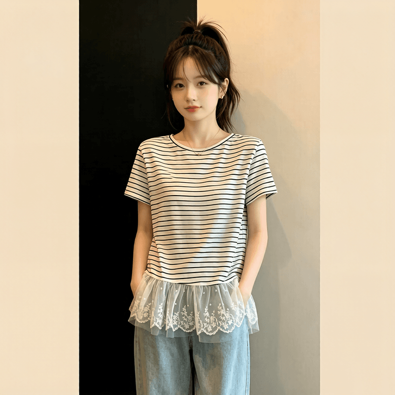 달콤함 레이스 레이스 밑단 스트라이프 긍정적 인 어깨 반팔 티셔츠 2026 여름 새로운 빅 사이즈 지방 mm 연령 감소 맨위 이미지 2