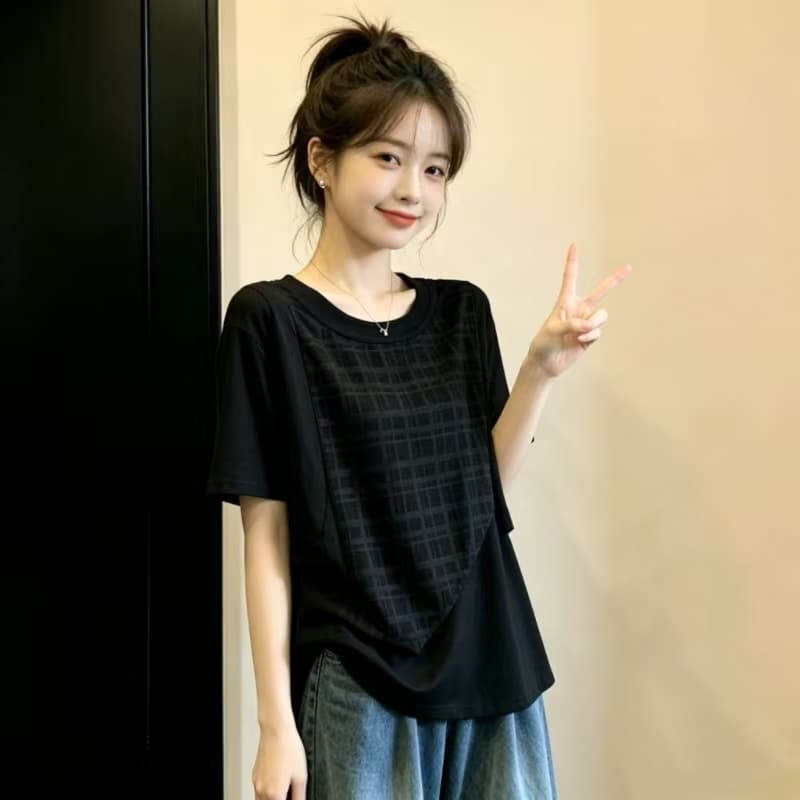 새로운 지방 mm 한국 스타일 부드러운 바람 연령 감소 긍정적 인 어깨 반팔 셔츠 페이크 레이어드 패치워크 슬림해 보이는 빅 사이즈 맨위 이미지 2