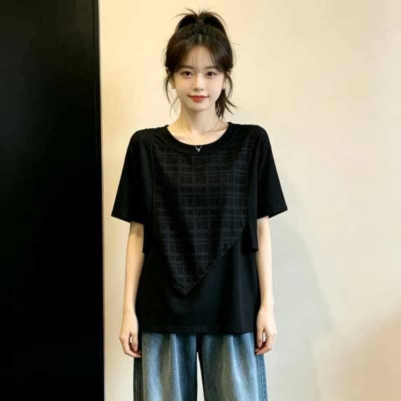 새로운 지방 mm 한국 스타일 부드러운 바람 연령 감소 긍정적 인 어깨 반팔 셔츠 페이크 레이어드 패치워크 슬림해 보이는 빅 사이즈 맨위 이미지 4