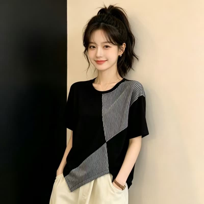 한국 스타일 패션 디자인 센스 불규칙 스트라이프 패치워크 여성 의류 반팔 티셔츠 루즈핏 슬림해 보이는 다용도 빅 사이즈 맨위