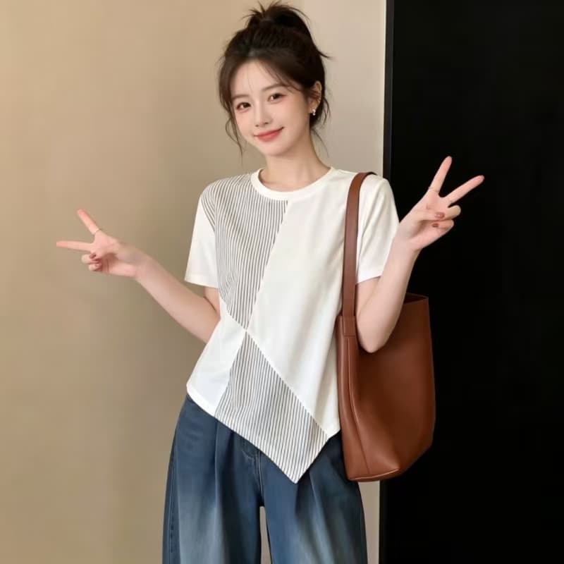 한국 스타일 패션 디자인 센스 불규칙 스트라이프 패치워크 여성 의류 반팔 티셔츠 루즈핏 슬림해 보이는 다용도 빅 사이즈 맨위 이미지 4