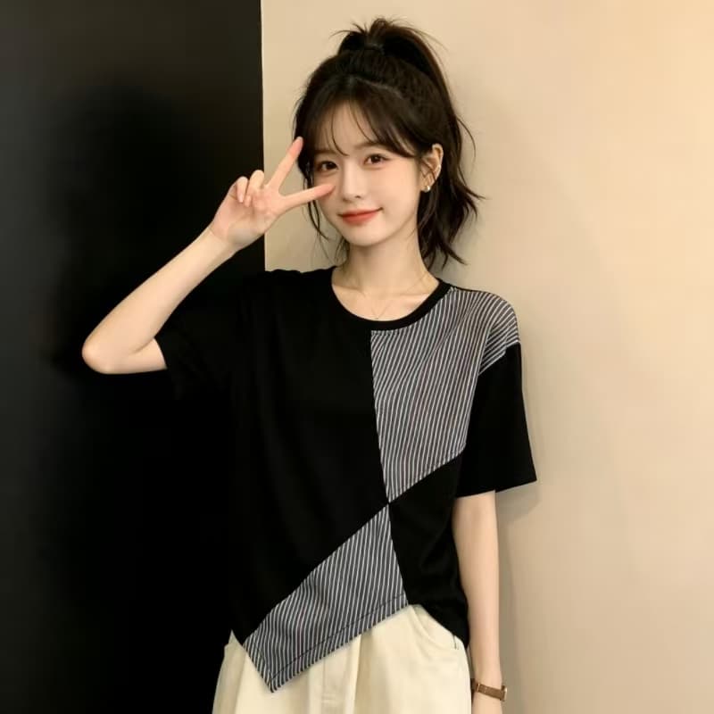 한국 스타일 패션 디자인 센스 불규칙 스트라이프 패치워크 여성 의류 반팔 티셔츠 루즈핏 슬림해 보이는 다용도 빅 사이즈 맨위 이미지 3