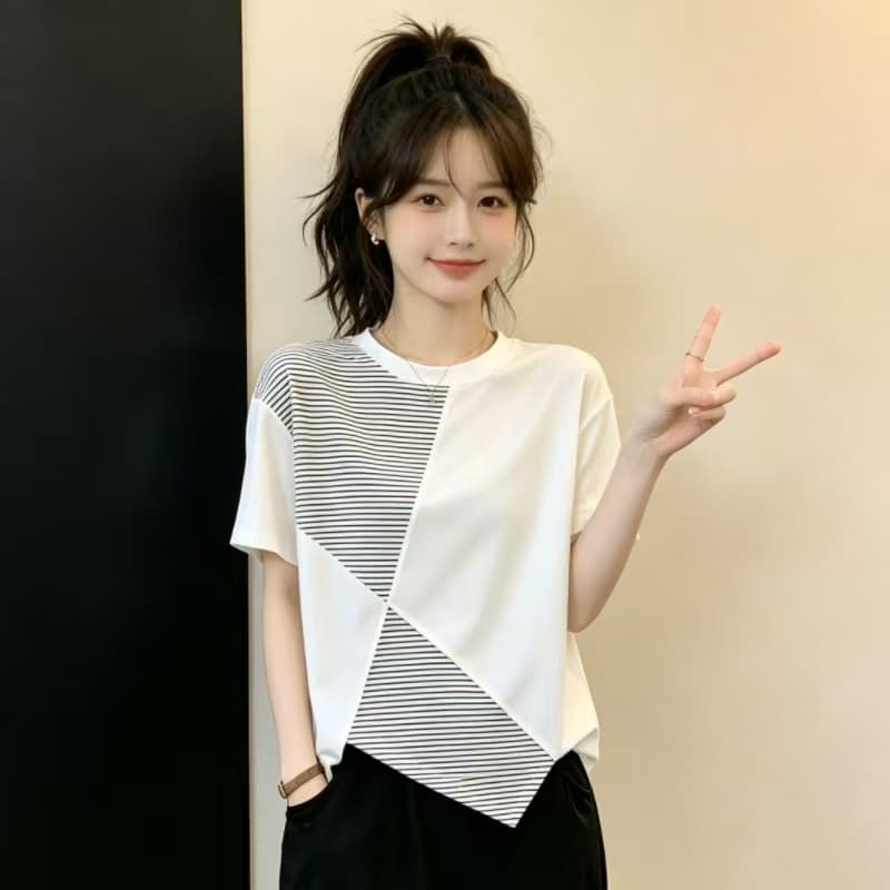 한국 스타일 패션 디자인 센스 불규칙 스트라이프 패치워크 여성 의류 반팔 티셔츠 루즈핏 슬림해 보이는 다용도 빅 사이즈 맨위 상세 이미지 4