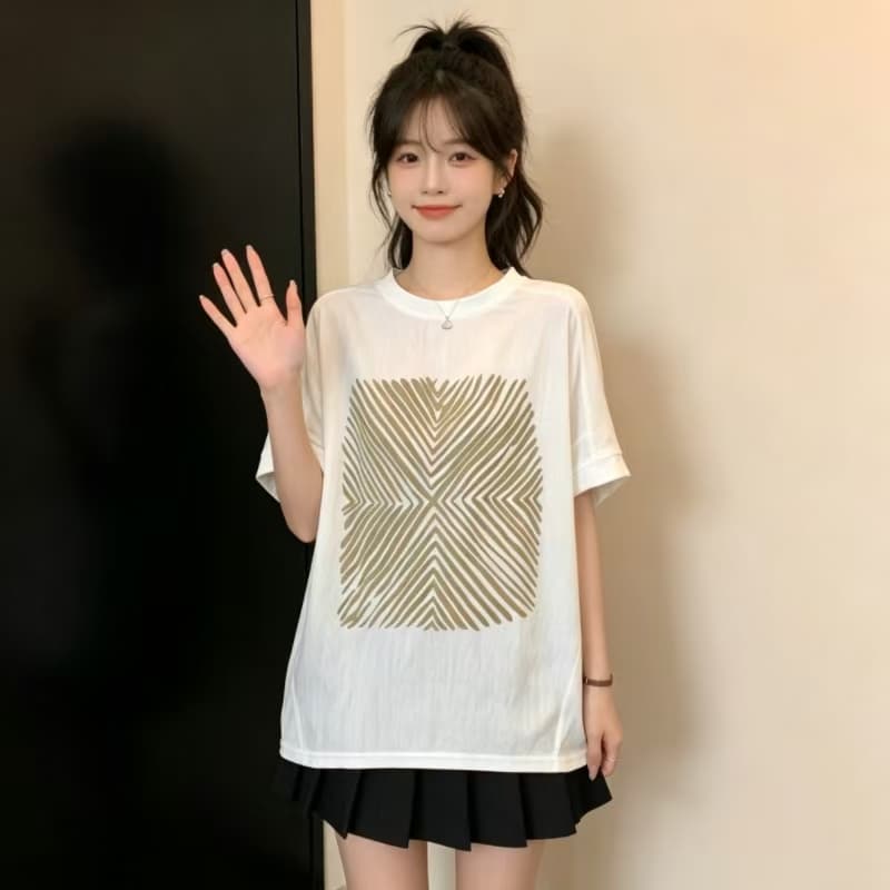 한 부서 홍콩 스타일 패션 다용도 프린트 라운드 넥 맨위 여름 빅 사이즈 통통한 여동생 다용도 반팔 슬림해 보이는 티셔츠 상세 이미지 1