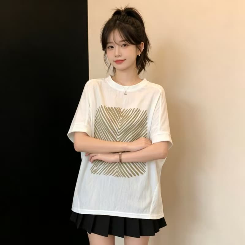 한 부서 홍콩 스타일 패션 다용도 프린트 라운드 넥 맨위 여름 빅 사이즈 통통한 여동생 다용도 반팔 슬림해 보이는 티셔츠 상세 이미지 7