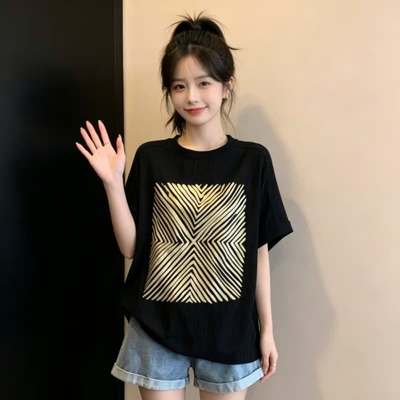 한 부서 홍콩 스타일 패션 다용도 프린트 라운드 넥 맨위 여름 빅 사이즈 통통한 여동생 다용도 반팔 슬림해 보이는 티셔츠 상세 이미지 8