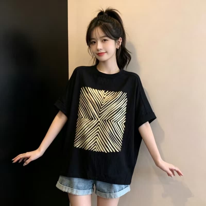 한 부서 홍콩 스타일 패션 다용도 프린트 라운드 넥 맨위 여름 빅 사이즈 통통한 여동생 다용도 반팔 슬림해 보이는 티셔츠 상세 이미지 10