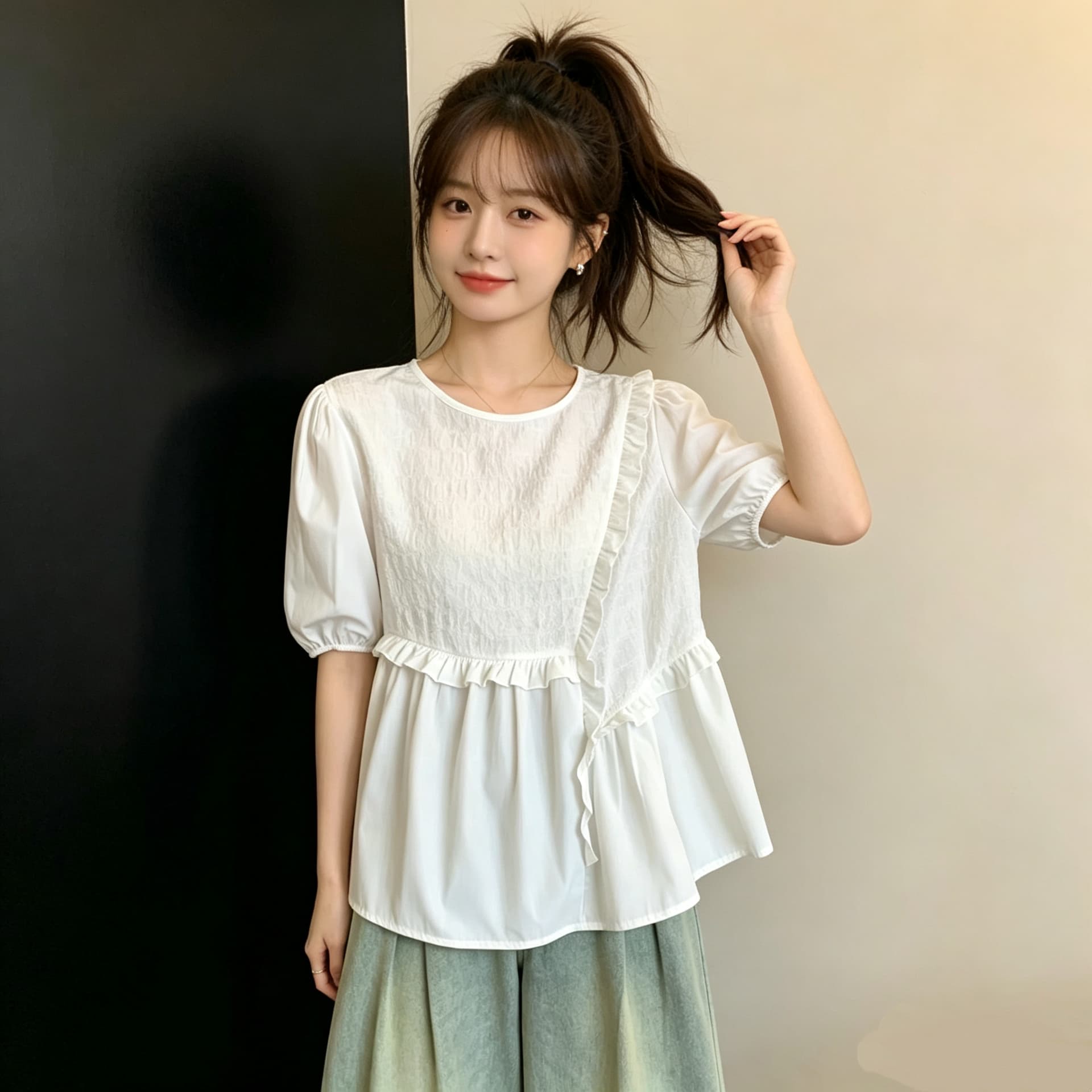 2026 디자인 센스 여름 얇은 스타일 반팔 쉬폰 블라우스 여성 의류 여름 드레스 표지 배 맨위 루즈핏 다용도 품격