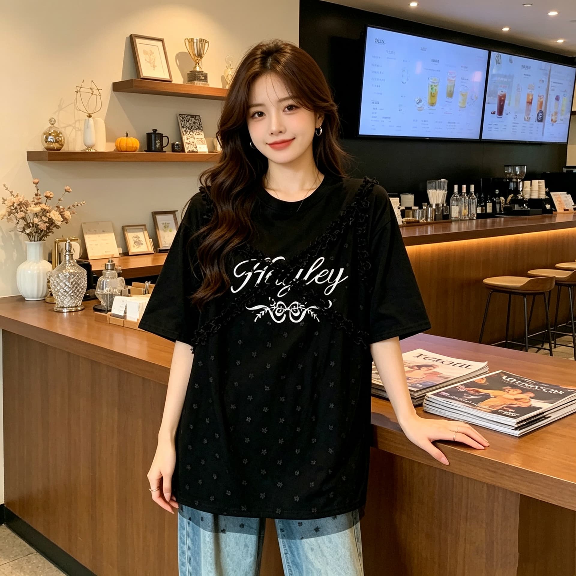 레이스 조각 알파벳 프린트 페이크 레이어드 티셔츠 여름 새로운 루즈핏 캐주얼 다용도 연령 감소 빅 사이즈 맨위 이미지 4