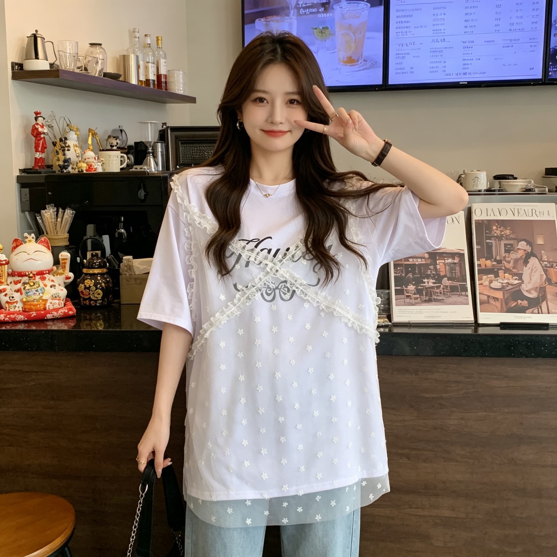 레이스 조각 알파벳 프린트 페이크 레이어드 티셔츠 여름 새로운 루즈핏 캐주얼 다용도 연령 감소 빅 사이즈 맨위 상세 이미지 1