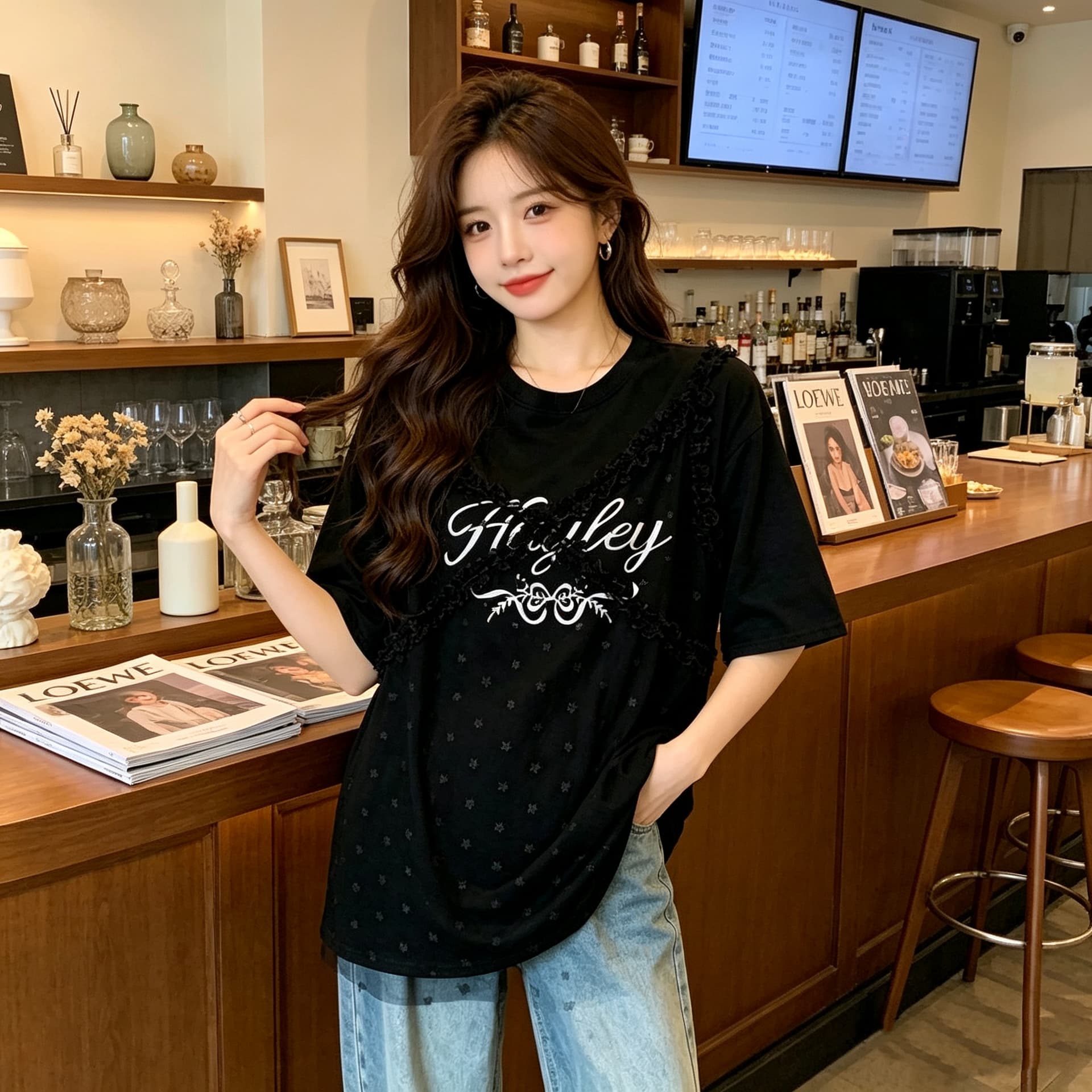 레이스 조각 알파벳 프린트 페이크 레이어드 티셔츠 여름 새로운 루즈핏 캐주얼 다용도 연령 감소 빅 사이즈 맨위 상세 이미지 3