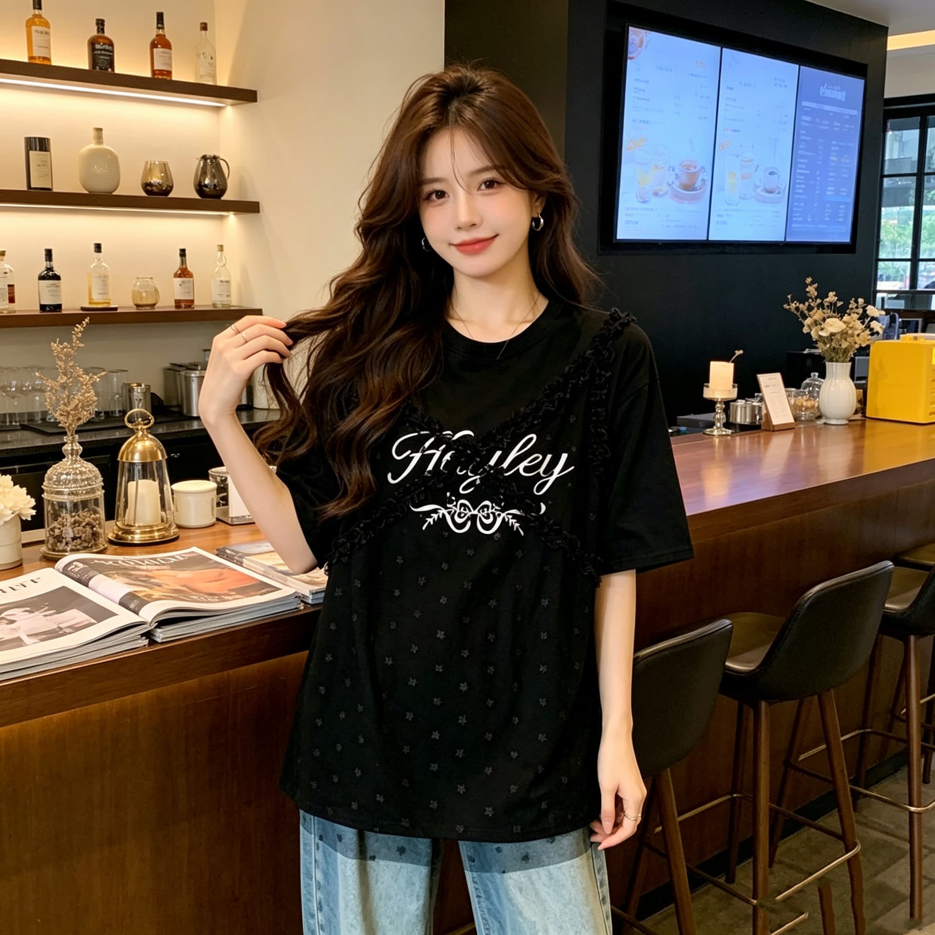 레이스 조각 알파벳 프린트 페이크 레이어드 티셔츠 여름 새로운 루즈핏 캐주얼 다용도 연령 감소 빅 사이즈 맨위 상세 이미지 11