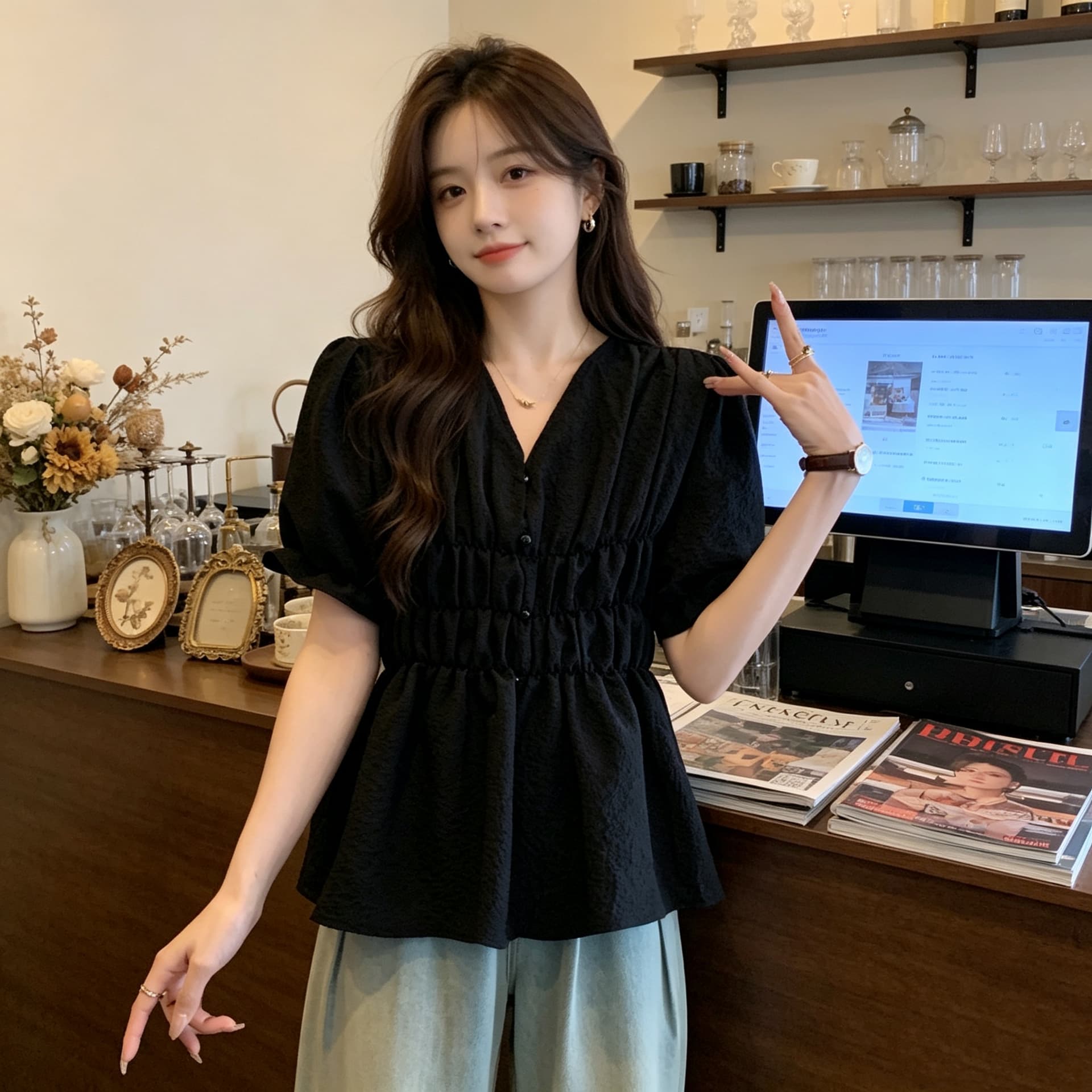 빅 사이즈 여성 의류 2026 여름 주름 허리 수축 반팔 여성 셔츠 프랑스식 V넥 작은 셔츠 몸매 가꾸기 슬림해 보이는 Chic 상세 이미지 3