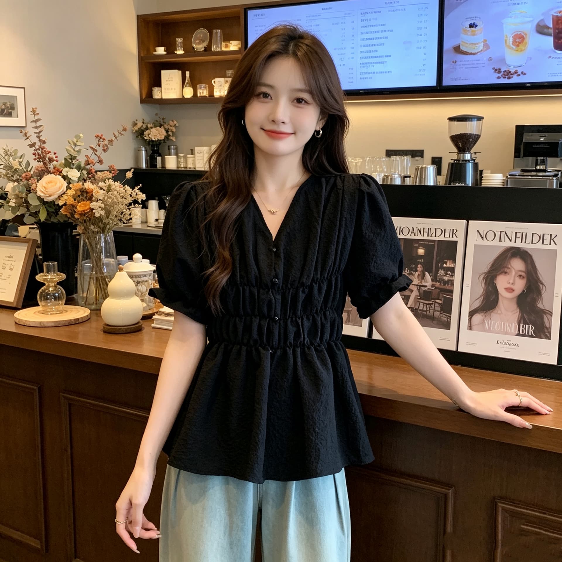 빅 사이즈 여성 의류 2026 여름 주름 허리 수축 반팔 여성 셔츠 프랑스식 V넥 작은 셔츠 몸매 가꾸기 슬림해 보이는 Chic 상세 이미지 4