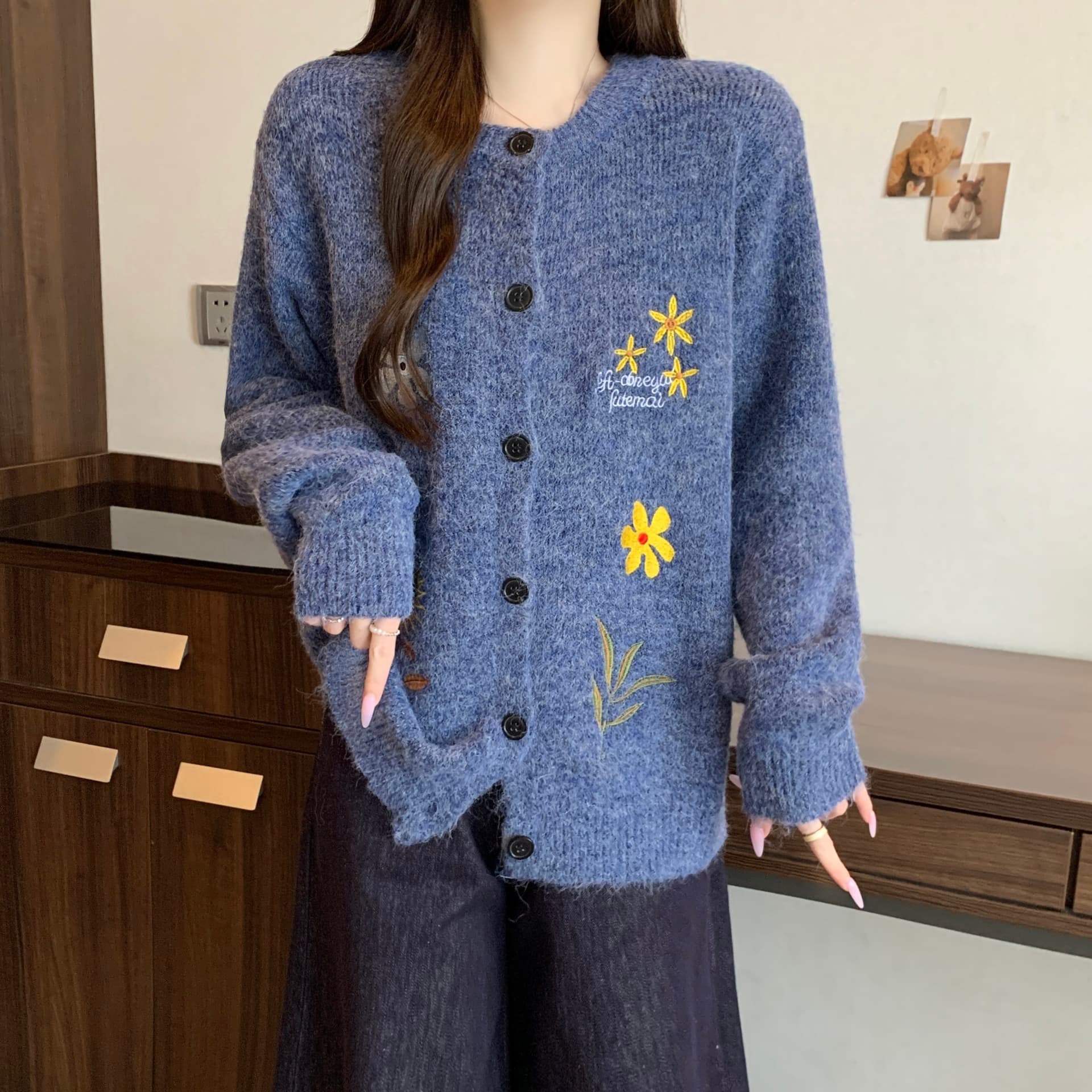 아메리칸 한 부서 고급 센스 자수 꽃무늬 패턴 캐주얼 니트 오픈 가디건 가을 겨울 루즈핏 단추 스웨터 코트 상세 이미지 5