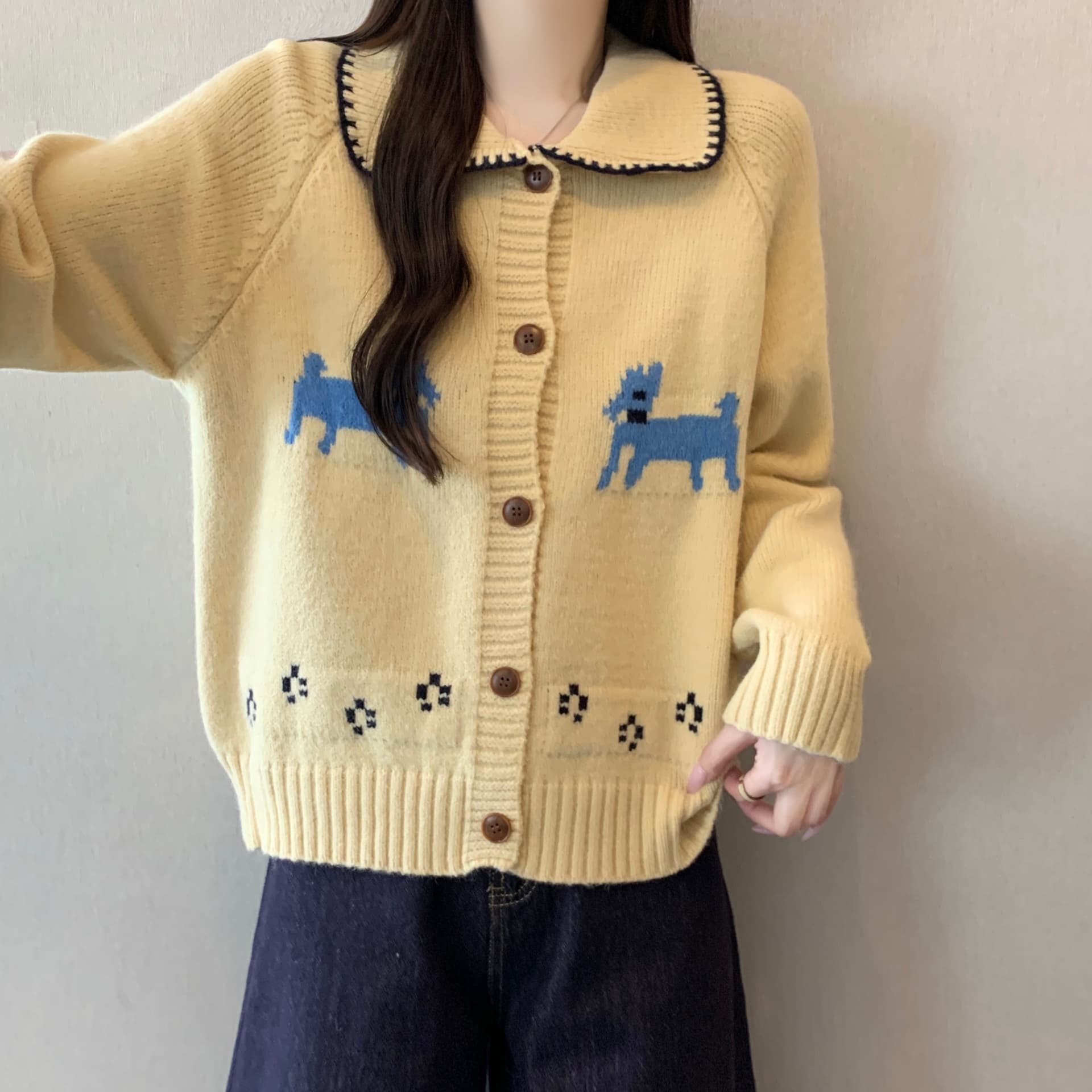 프랑스식 폴로 칼라 장난기 넘치는 귀여운 강아지 부드러운 찹쌀 스웨터 오픈 가디건 레트로 루즈핏 슬림해 보이는 다용도 느긋한 바람 맨위 상세 이미지 5