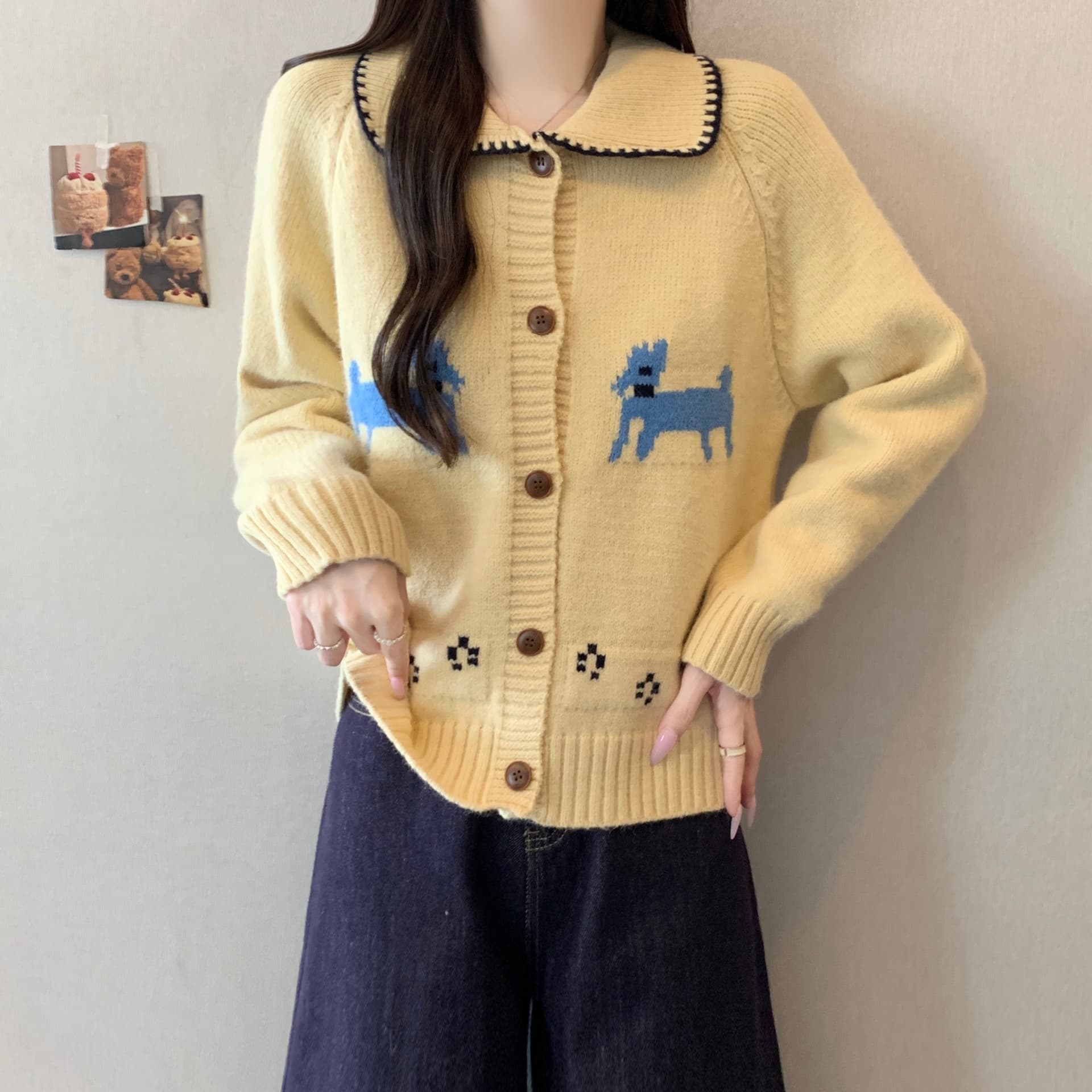 프랑스식 폴로 칼라 장난기 넘치는 귀여운 강아지 부드러운 찹쌀 스웨터 오픈 가디건 레트로 루즈핏 슬림해 보이는 다용도 느긋한 바람 맨위 상세 이미지 3
