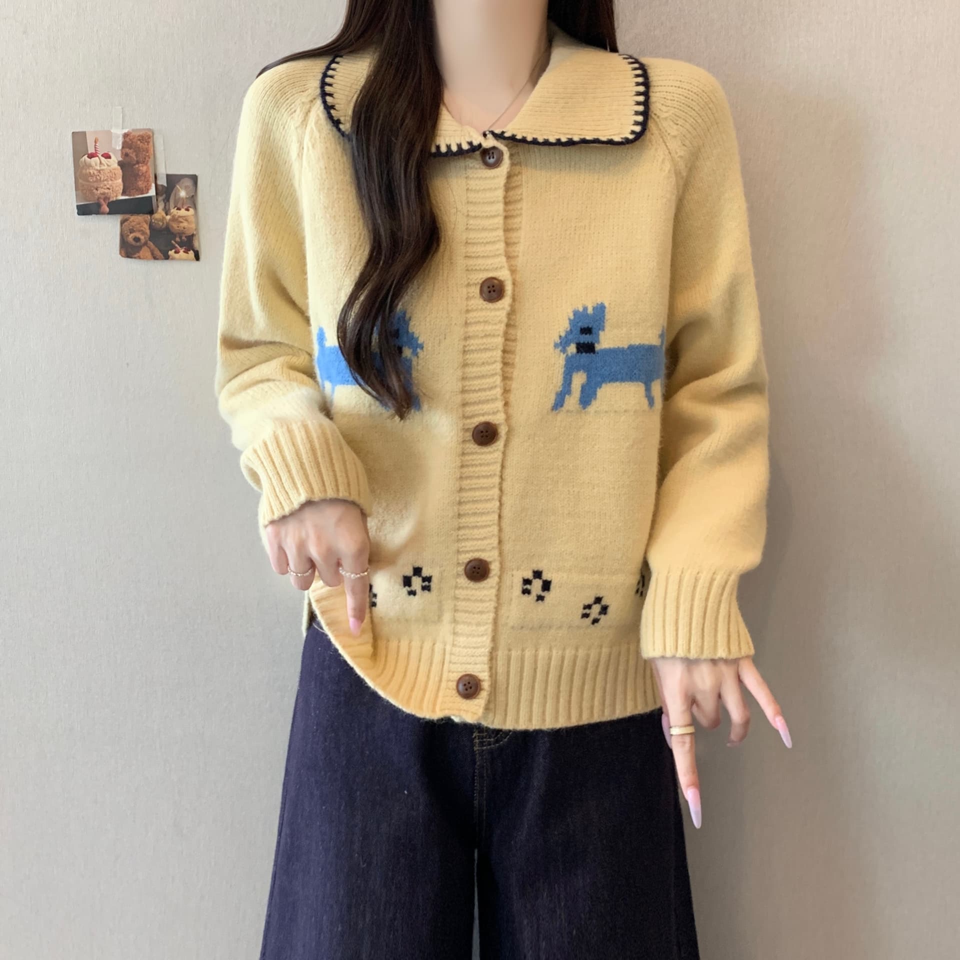 프랑스식 폴로 칼라 장난기 넘치는 귀여운 강아지 부드러운 찹쌀 스웨터 오픈 가디건 레트로 루즈핏 슬림해 보이는 다용도 느긋한 바람 맨위 상세 이미지 4