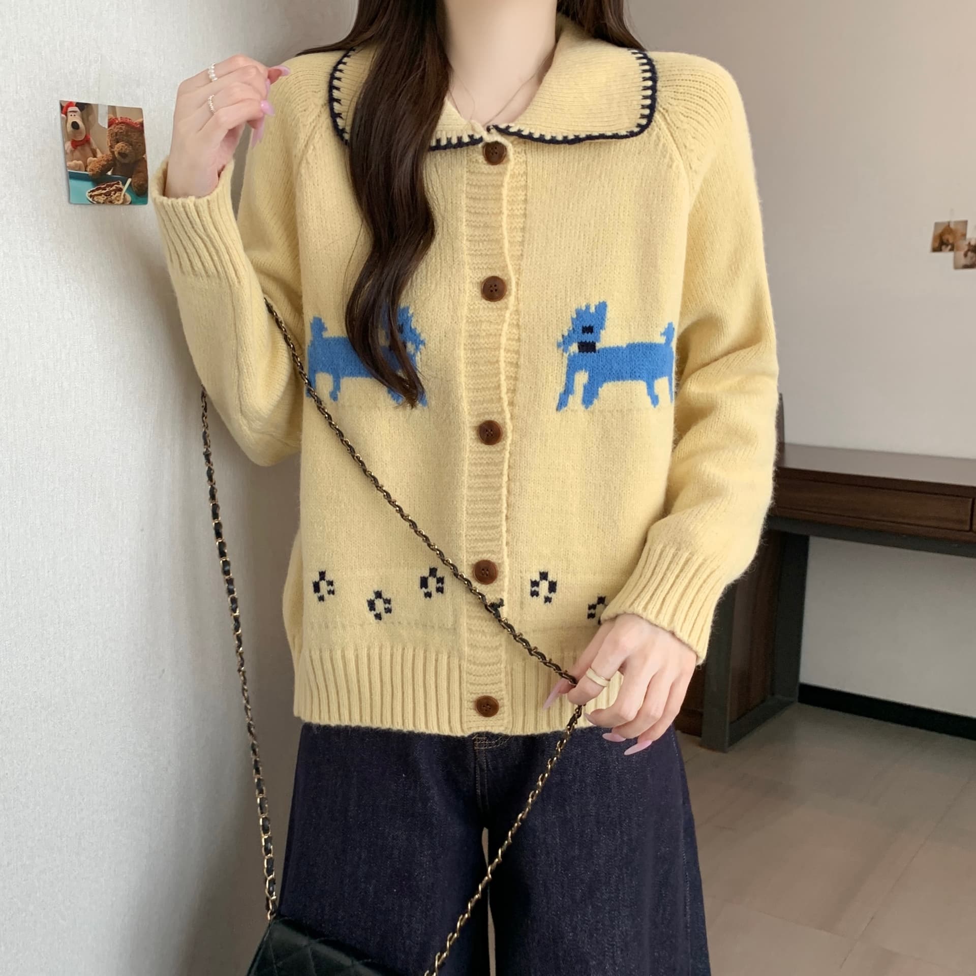 프랑스식 폴로 칼라 장난기 넘치는 귀여운 강아지 부드러운 찹쌀 스웨터 오픈 가디건 레트로 루즈핏 슬림해 보이는 다용도 느긋한 바람 맨위 상세 이미지 7