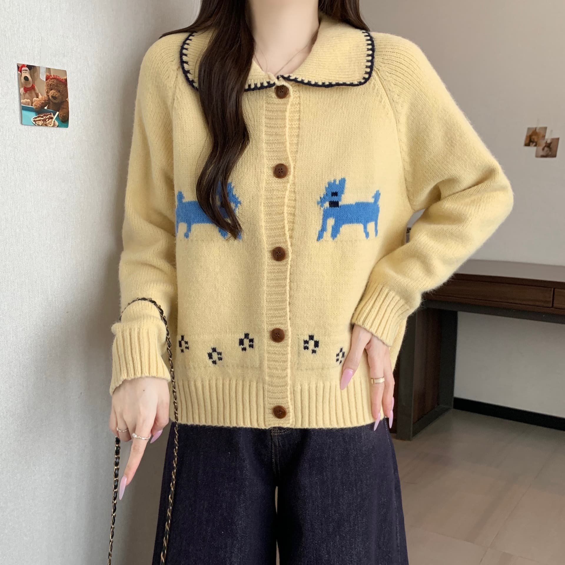 프랑스식 폴로 칼라 장난기 넘치는 귀여운 강아지 부드러운 찹쌀 스웨터 오픈 가디건 레트로 루즈핏 슬림해 보이는 다용도 느긋한 바람 맨위 상세 이미지 8