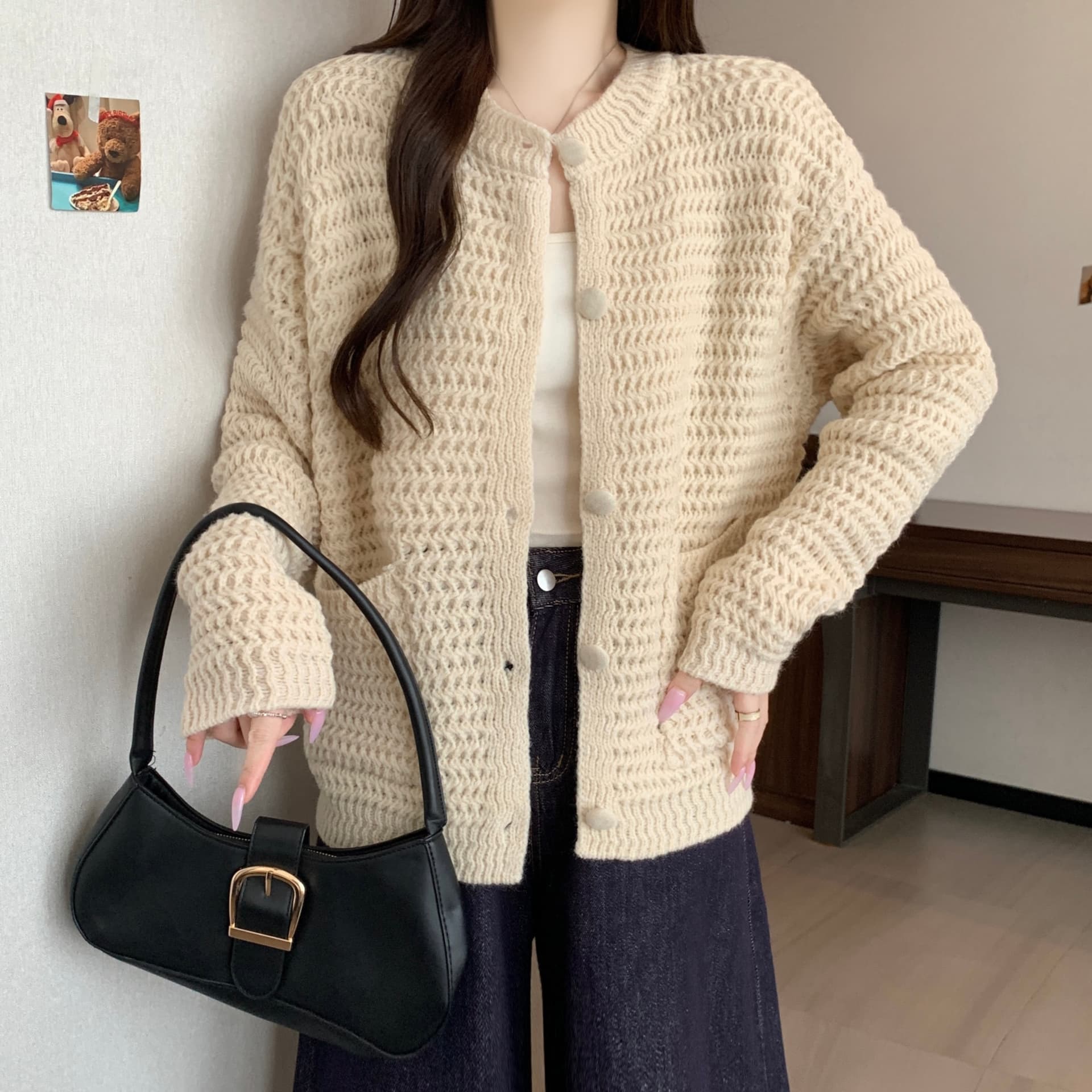 한 부서 부드러운 느긋한 바람 두꺼운 바늘 싱글 줄 버튼 니트 스웨터 새로운 분위기 센스 다용도 슬림해 보이는 스웨터 트렌디 섹션 재킷 상세 이미지 8