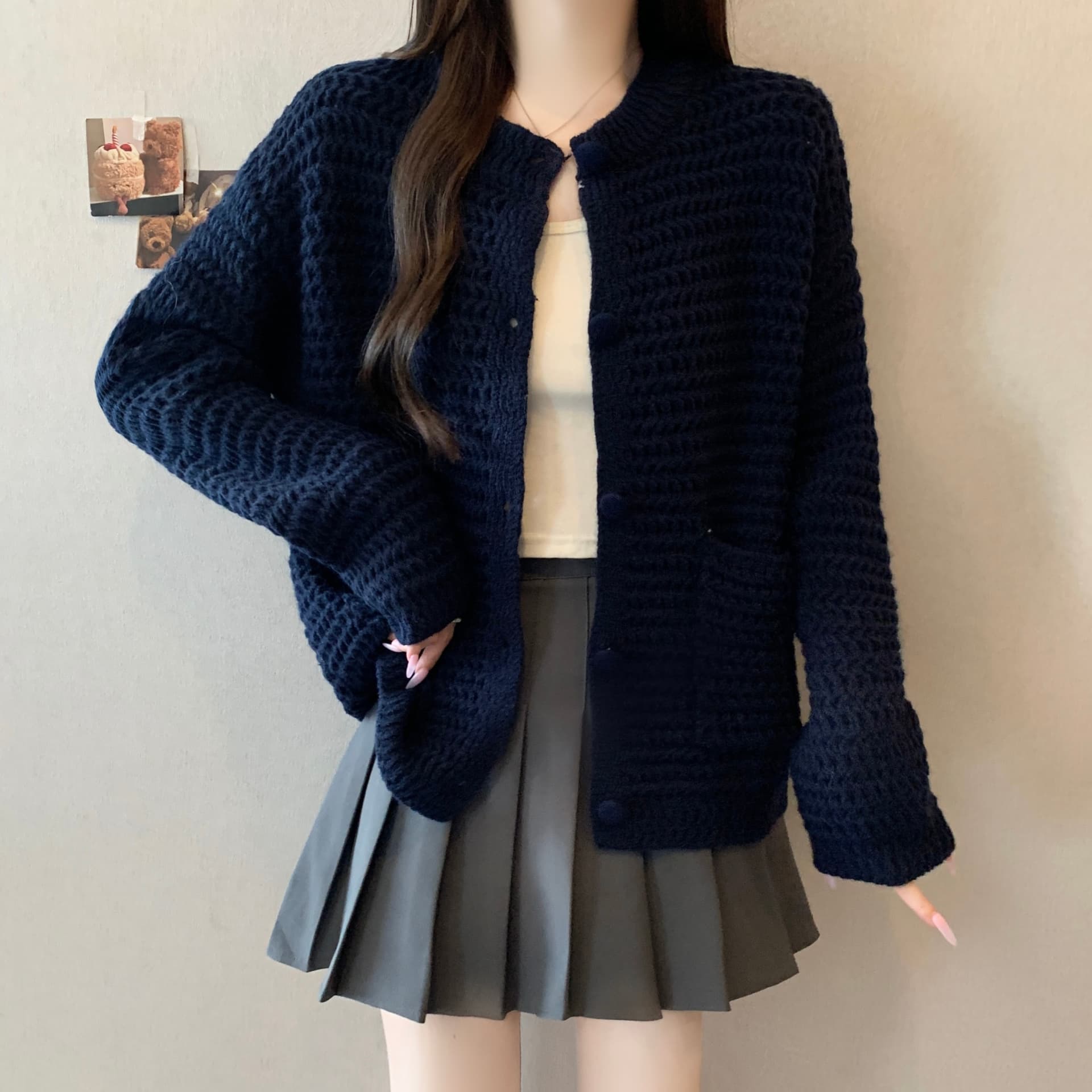 한 부서 부드러운 느긋한 바람 두꺼운 바늘 싱글 줄 버튼 니트 스웨터 새로운 분위기 센스 다용도 슬림해 보이는 스웨터 트렌디 섹션 재킷 상세 이미지 14